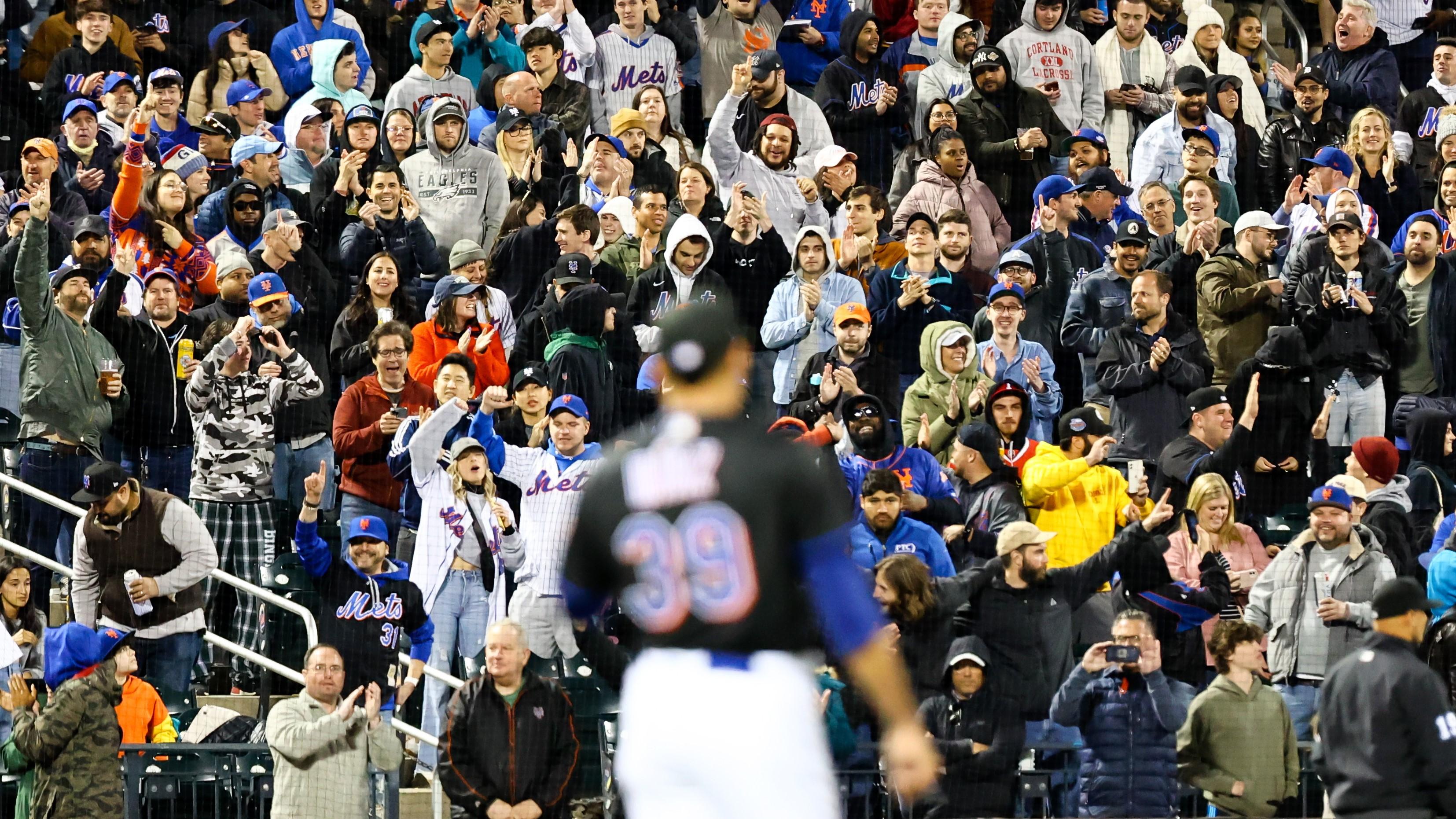 Apr 29, 2022; New York City, New York, USA; New York Mets fans cheer on New York Mets relief pitcher Edwin Diaz (39) in anticipation of a combined no-hitter against the Philadelphia Phillies during the ninth inning at Citi Field. / Jessica Alcheh-USA TODAY Sports