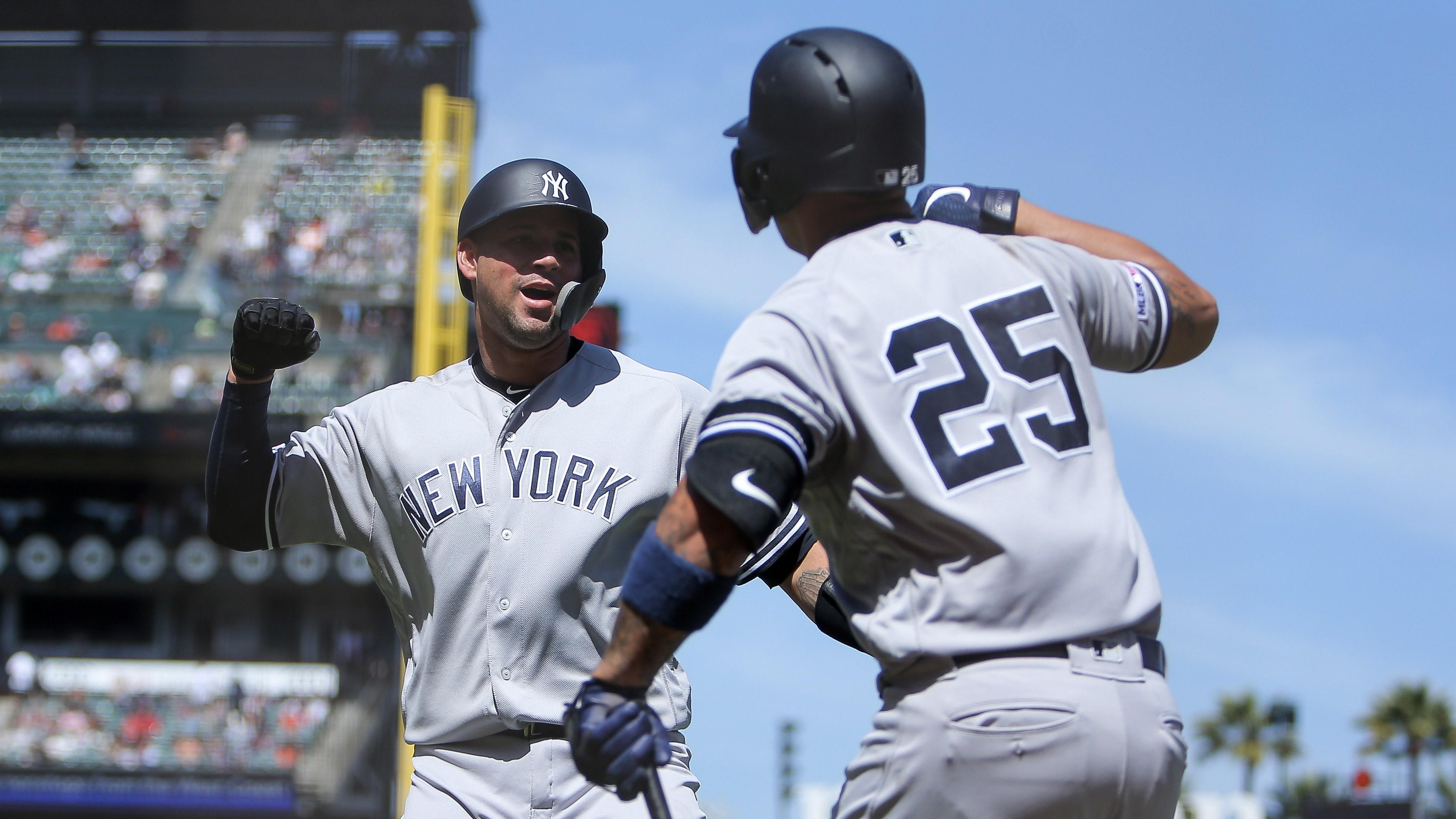 Apr 28, 2019; San Francisco, CA, USA; New York Yankees catcher Gary Sanchez (24) celebrates with second baseman Gleyber Torres (25) after hitting a two run home run during the sixth inning against the San Francisco Giants at Oracle Park. Mandatory Credit: Sergio Estrada-USA TODAY Sports / Sergio Estrada-USA TODAY Sports