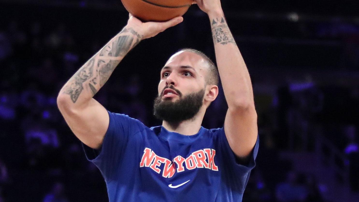 Dec 21, 2021; New York, New York, USA; New York Knicks forward Evan Fournier (13) during warmups prior to the game against the Detroit Pistons at Madison Square Garden. / Wendell Cruz-USA TODAY Sports