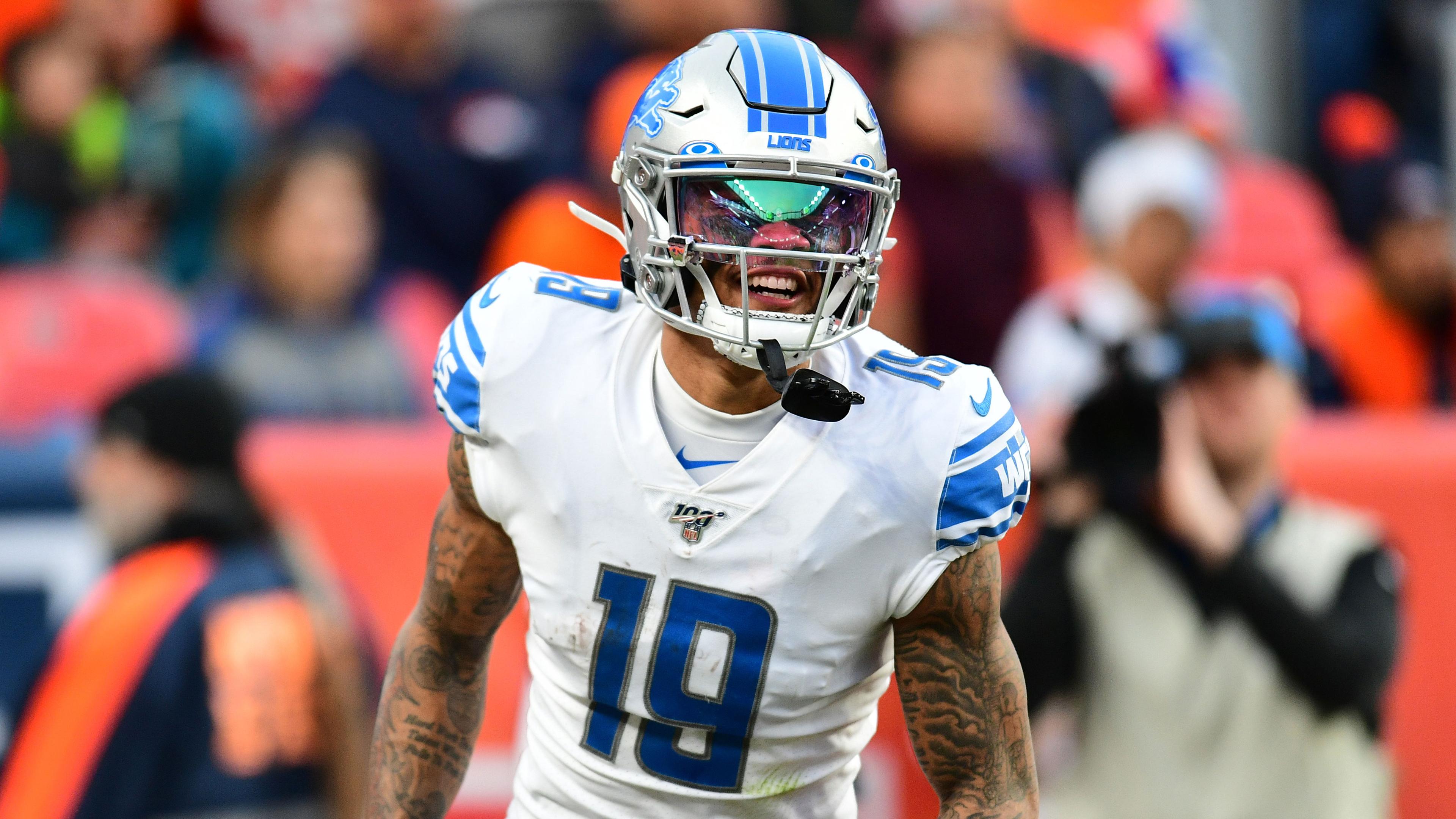 Dec 22, 2019; Denver, Colorado, USA; Detroit Lions wide receiver Kenny Golladay (19) celebrates his touchdown reception in the third quarter against the Denver Broncos at Empower Field at Mile High. / Ron Chenoy-USA TODAY Sports