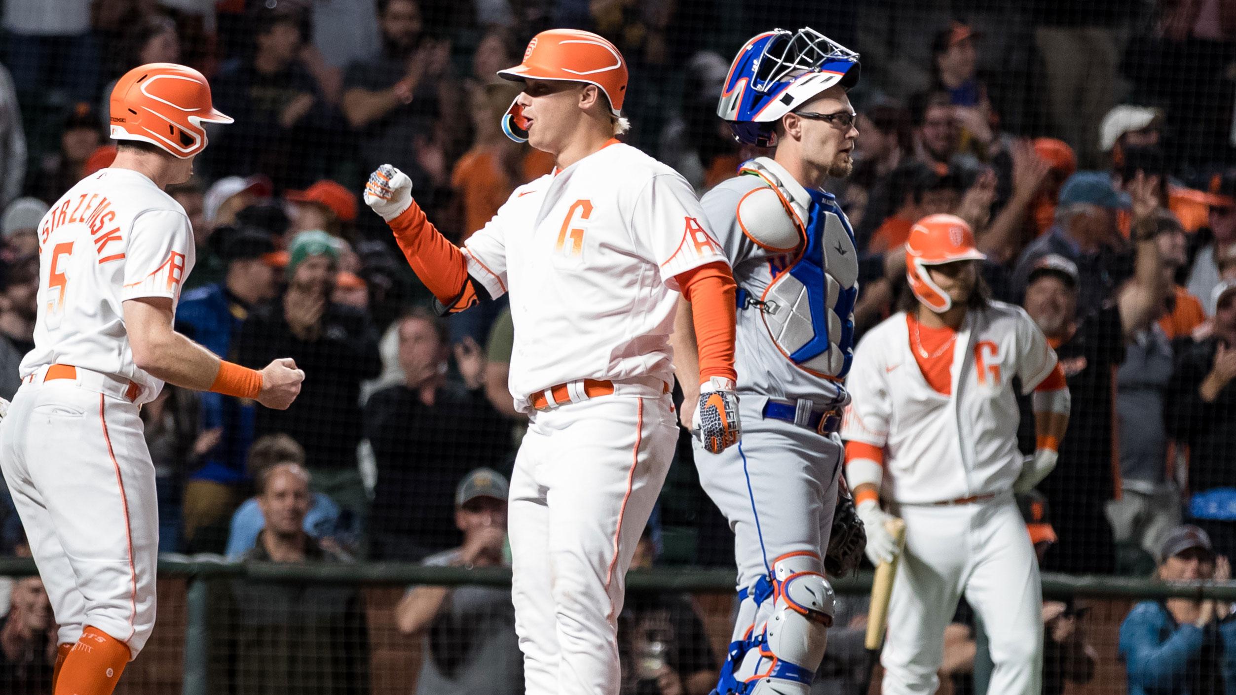 May 24, 2022; San Francisco, California, USA; San Francisco Giants left fielder Joc Pederson (23) celebrates with center fielder Mike Yastrzemski (5) and first baseman Darin Ruf (33) after hitting a three-run home run against the New York Mets during the eighth inning at Oracle Park. / John Hefti-USA TODAY Sports