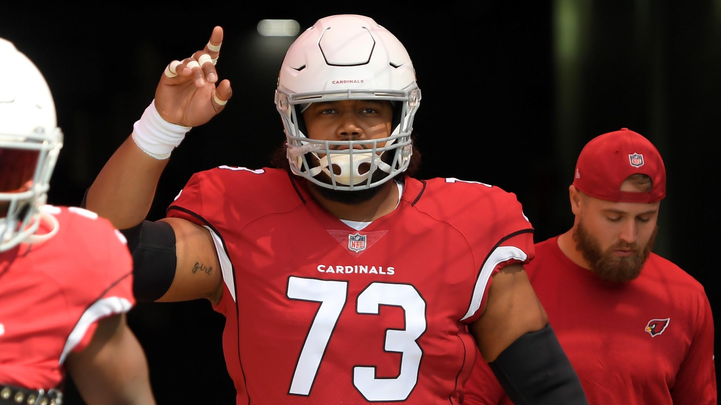 Sep 12, 2021; Nashville, Tennessee, USA; Arizona Cardinals offensive guard Max Garcia (73) points to the sky as he takes the field against the Tennessee Titansbefore the game at Nissan Stadium. Mandatory Credit: Steve Roberts-USA TODAY Sports / Steve Roberts-USA TODAY Sports