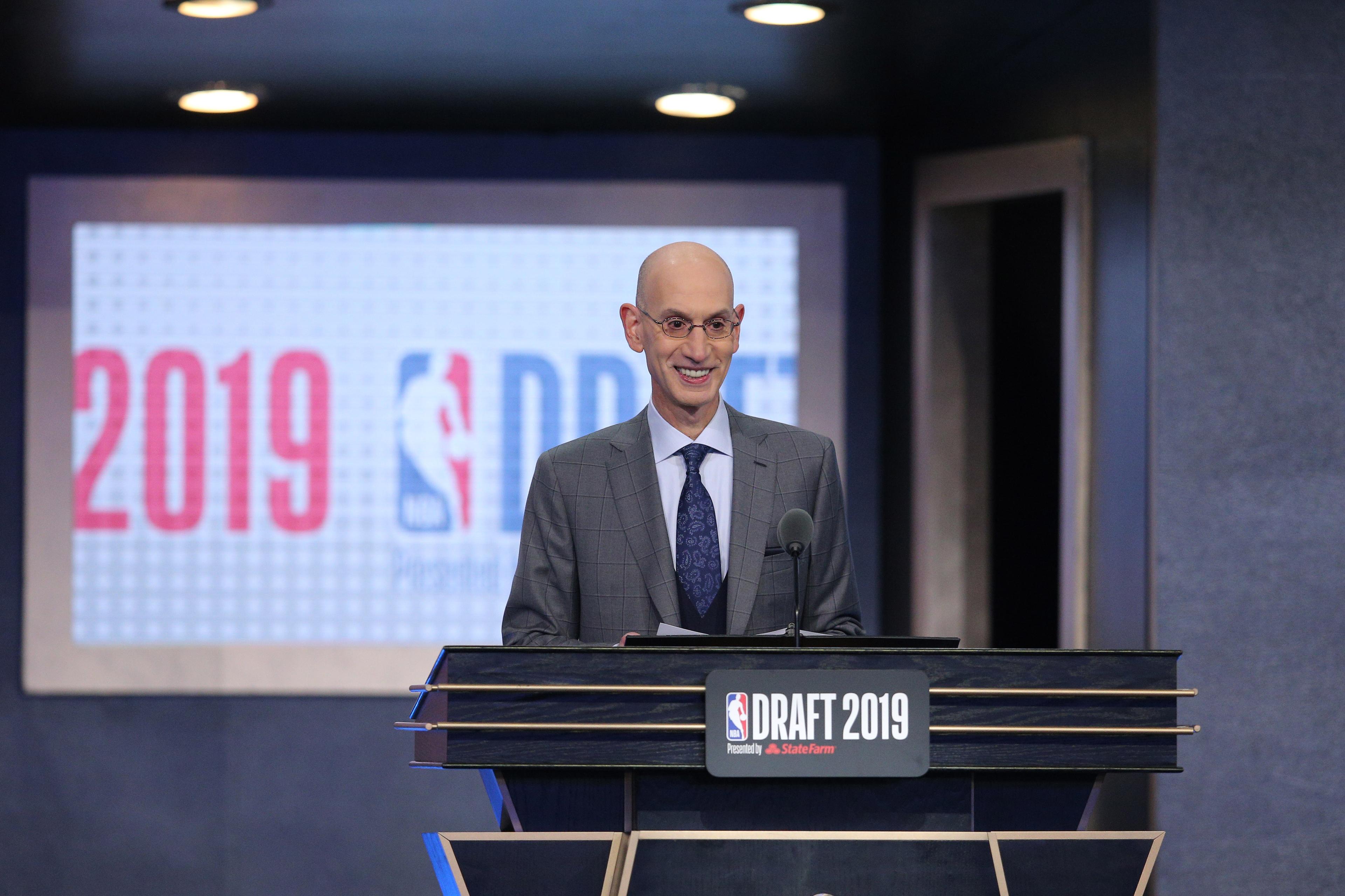 Jun 20, 2019; Brooklyn, NY, USA; NBA commissioner Adam Silver talks prior to introducing the first pick of the first round of the 2019 NBA Draft at Barclays Center. Mandatory Credit: Brad Penner-USA TODAY Sports / © Brad Penner-USA TODAY Sports