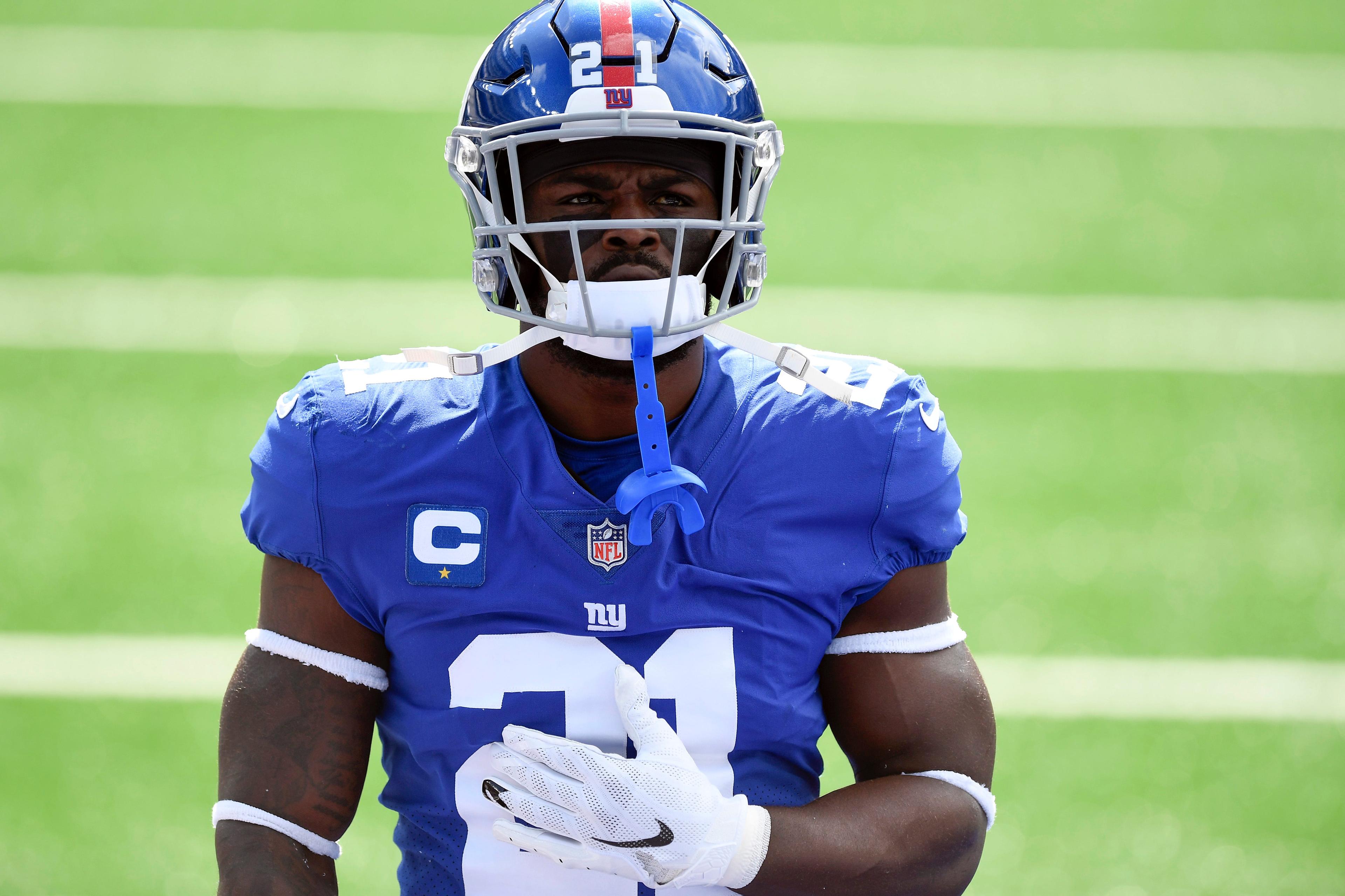 New York Giants safety Jabrill Peppers (21) on the field for warmups before facing the San Francisco 49ers in an NFL game at MetLife Stadium on Sunday, Sept. 27, 2020, in East Rutherford. Giants 49ers / © Danielle Parhizkaran/NorthJersey.com via Imagn Content Services, LLC