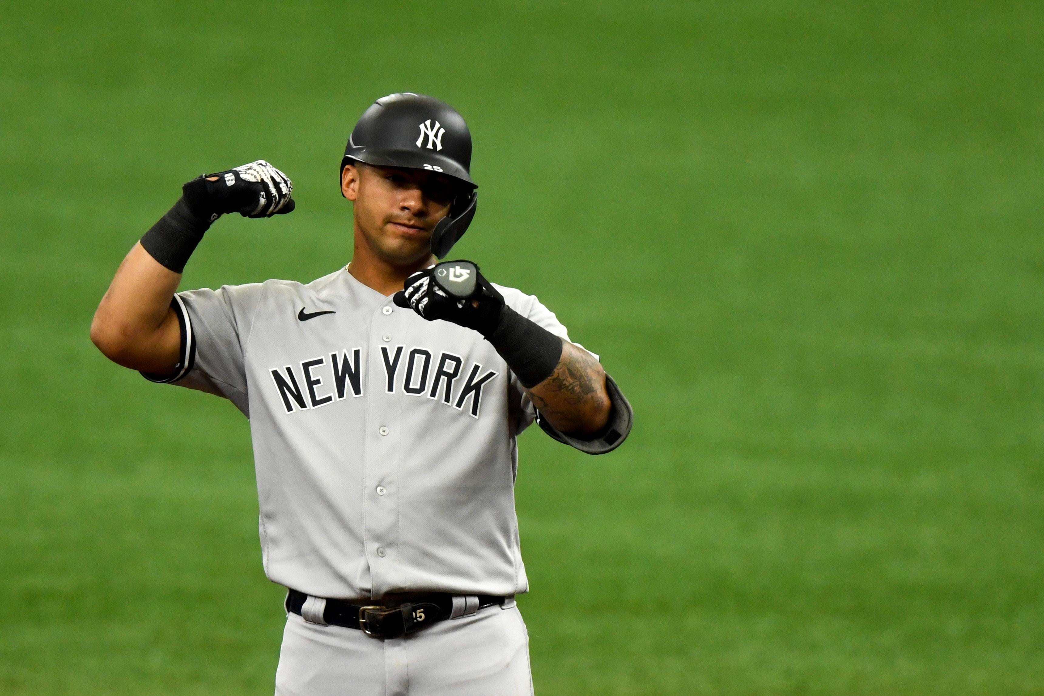 Aug 9, 2020; St. Petersburg, Florida, USA; New York Yankees second baseman Gleyber Torres (25) reacts after hitting a double during the fifth inning against the Tampa Bay Rays at Tropicana Field. Mandatory Credit: Douglas DeFelice-USA TODAY Sports / © Douglas DeFelice-USA TODAY Sports