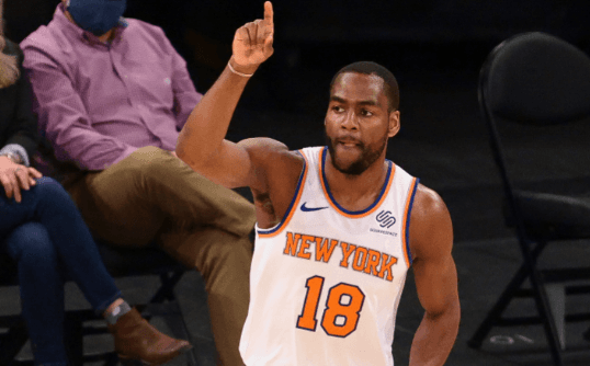 Mar 23, 2021; New York, New York, USA; New York Knicks guard Alec Burks (18) reacts after making a basket against the Washington Wizards during the first half at Madison Square Garden. Mandatory Credit: Vincent Carchietta-USA TODAY Sports / Vincent Carchietta-USA TODAY Sports