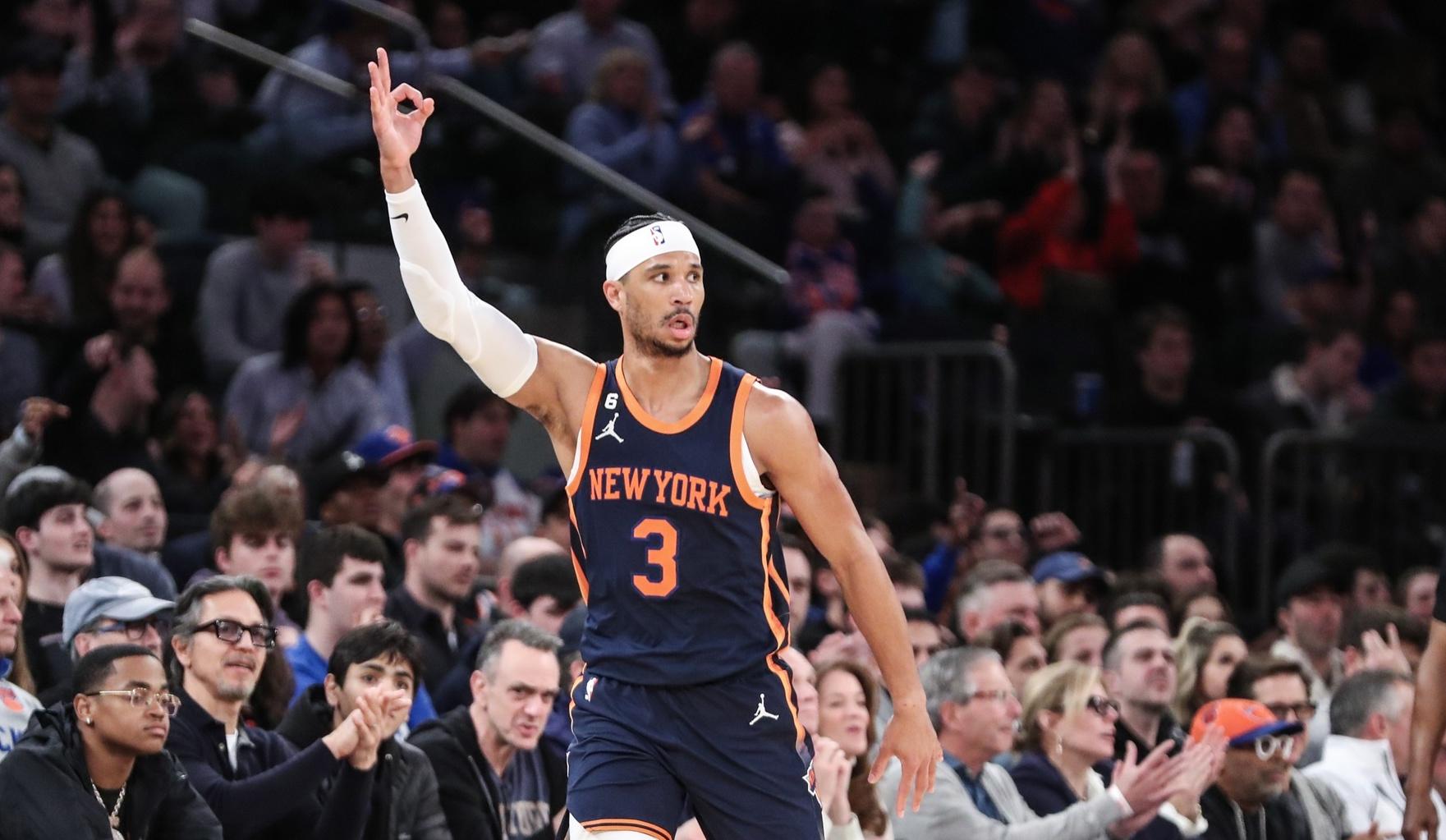 New York Knicks guard Josh Hart (3) reacts after making a three point shot in the third quarter against the New Orleans Pelicans at Madison Square Garden. / Wendell Cruz-USA TODAY Sports