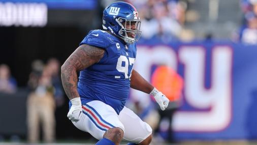 New York Giants defensive tackle Dexter Lawrence (97) celebrates a defensive stop during the second half against the Indianapolis Colts at MetLife Stadium / Vincent Carchietta - USA TODAY Sports