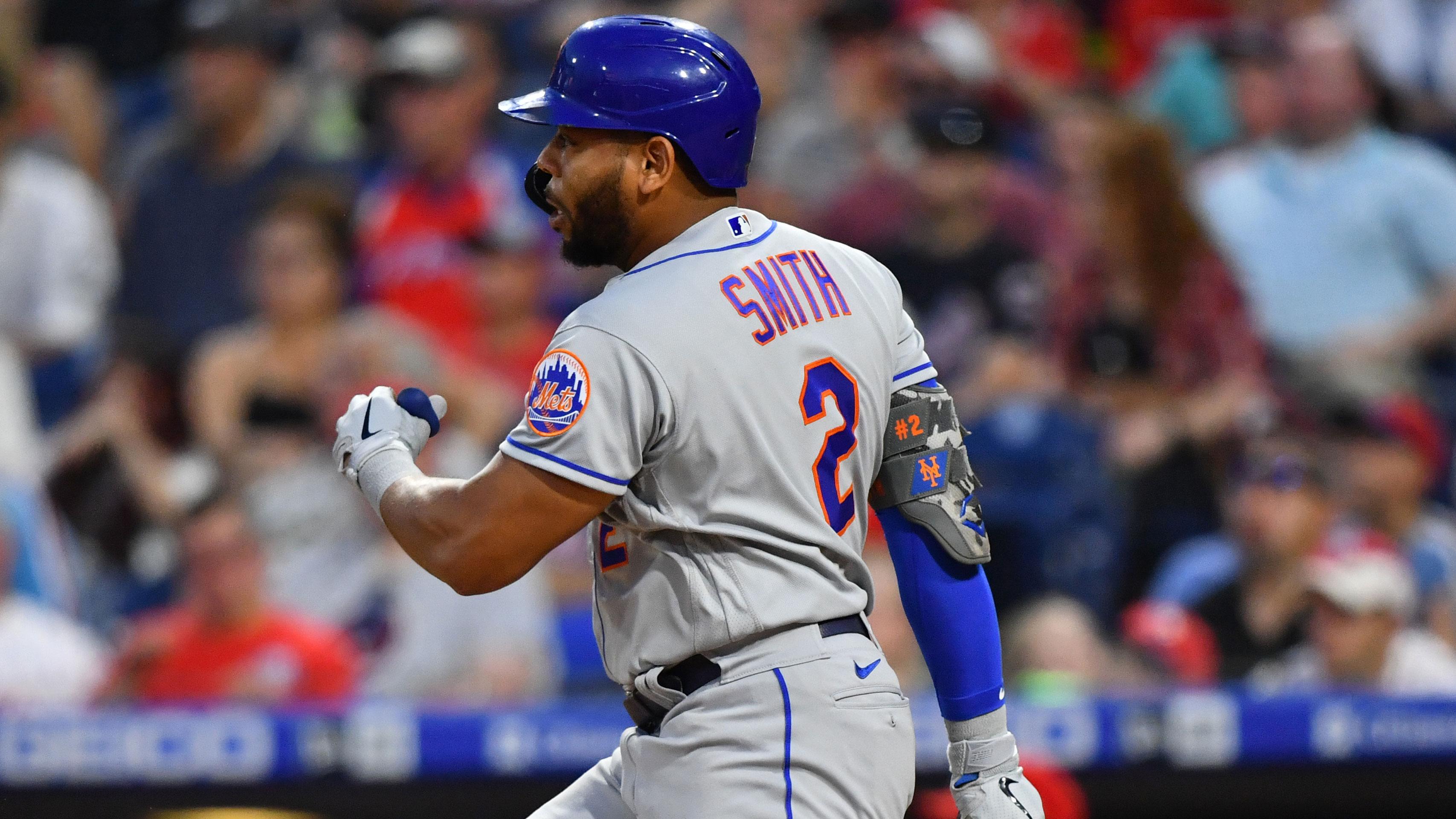 Aug 6, 2021; Philadelphia, Pennsylvania, USA; New York Mets left fielder Dominic Smith (2) hits an RBI single in the third inning against the Philadelphia Phillies at Citizens Bank Park. / Kyle Ross-USA TODAY Sports