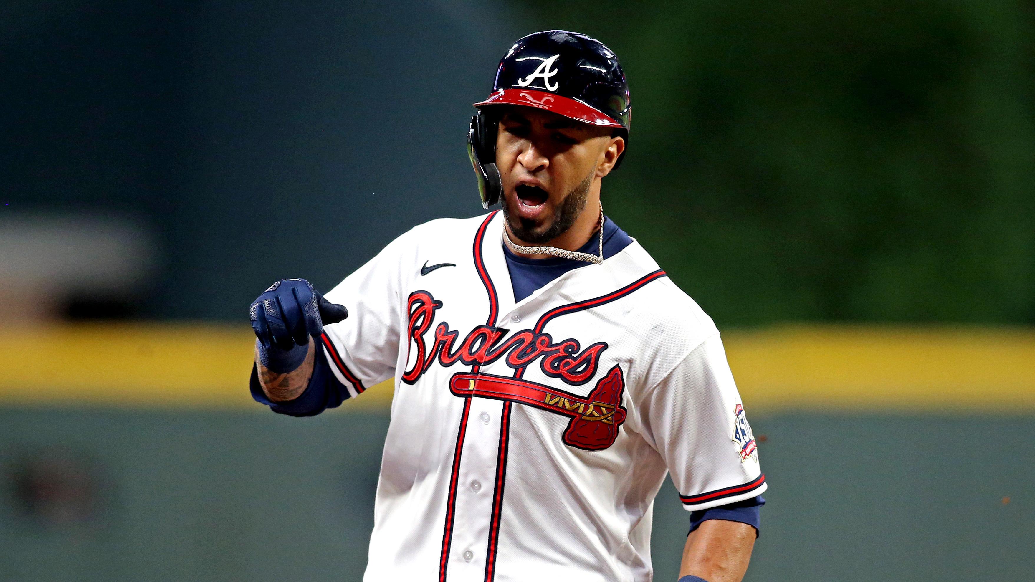 Oct 23, 2021; Cumberland, Georgia, USA; Atlanta Braves left fielder Eddie Rosario (8) rounds the bases after hitting a three run home run during the fourth inning against the Los Angeles Dodgers in game six of the 2021 NLCS at Truist Park. / Brett Davis-USA TODAY Sports