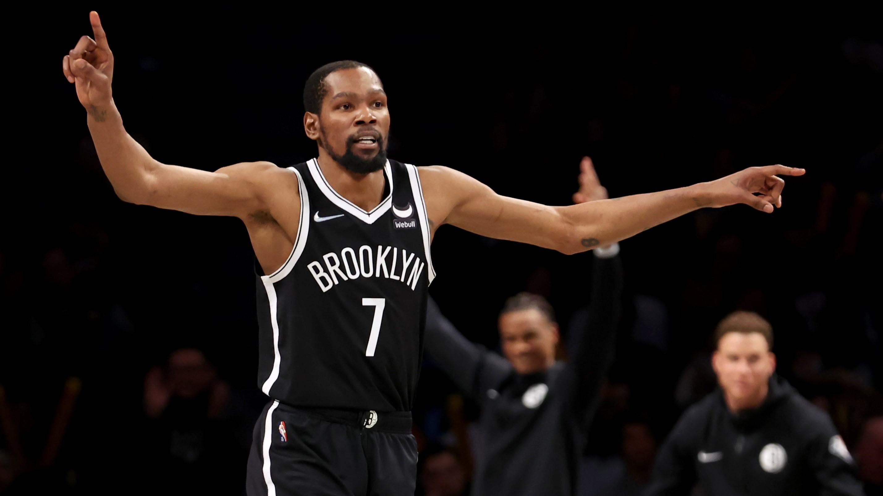 Mar 29, 2022; Brooklyn, New York, USA; Brooklyn Nets forward Kevin Durant (7) reacts during the third quarter against the Detroit Pistons at Barclays Center. The Nets defeated the Pistons 130-123. Mandatory Credit: Brad Penner-USA TODAY Sports / Brad Penner-USA TODAY Sports