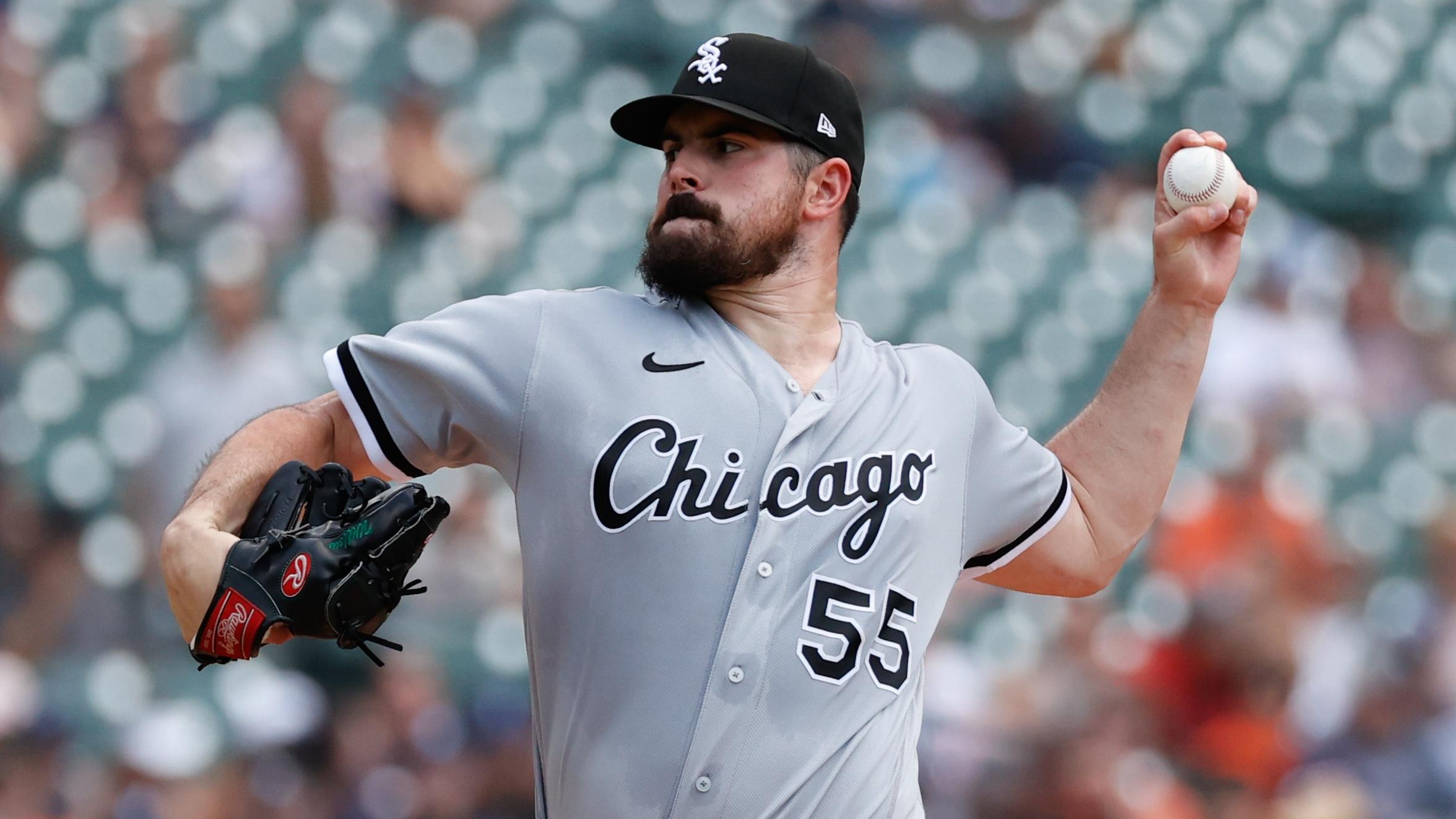 Jun 13, 2021; Detroit, Michigan, USA; Chicago White Sox starting pitcher Carlos Rodon (55) pitches in the third inning against the Detroit Tigers at Comerica Park. / © Rick Osentoski-USA TODAY Sports