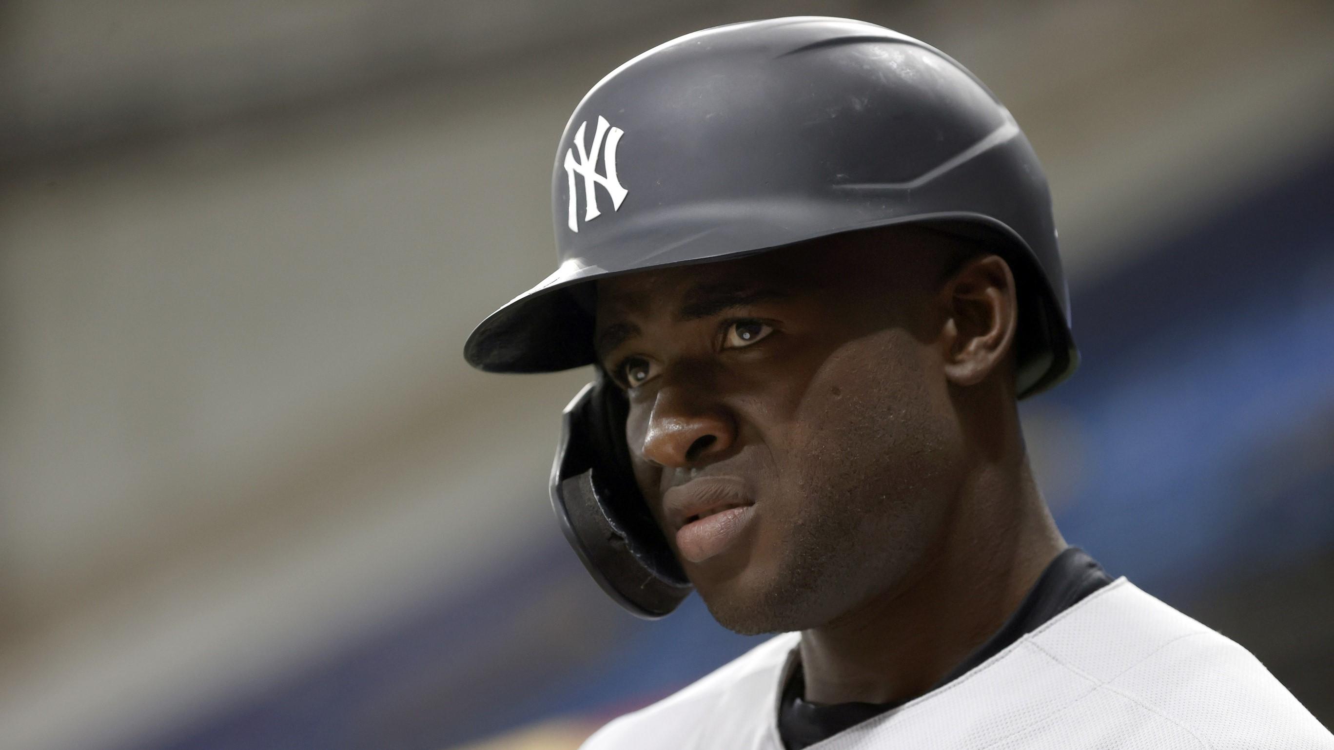 New York Yankees outfielder Estevan Florial (90) looks on during the second inning against the Tampa Bay Rays at Tropicana Field. / Kim Klement-USA TODAY Sports