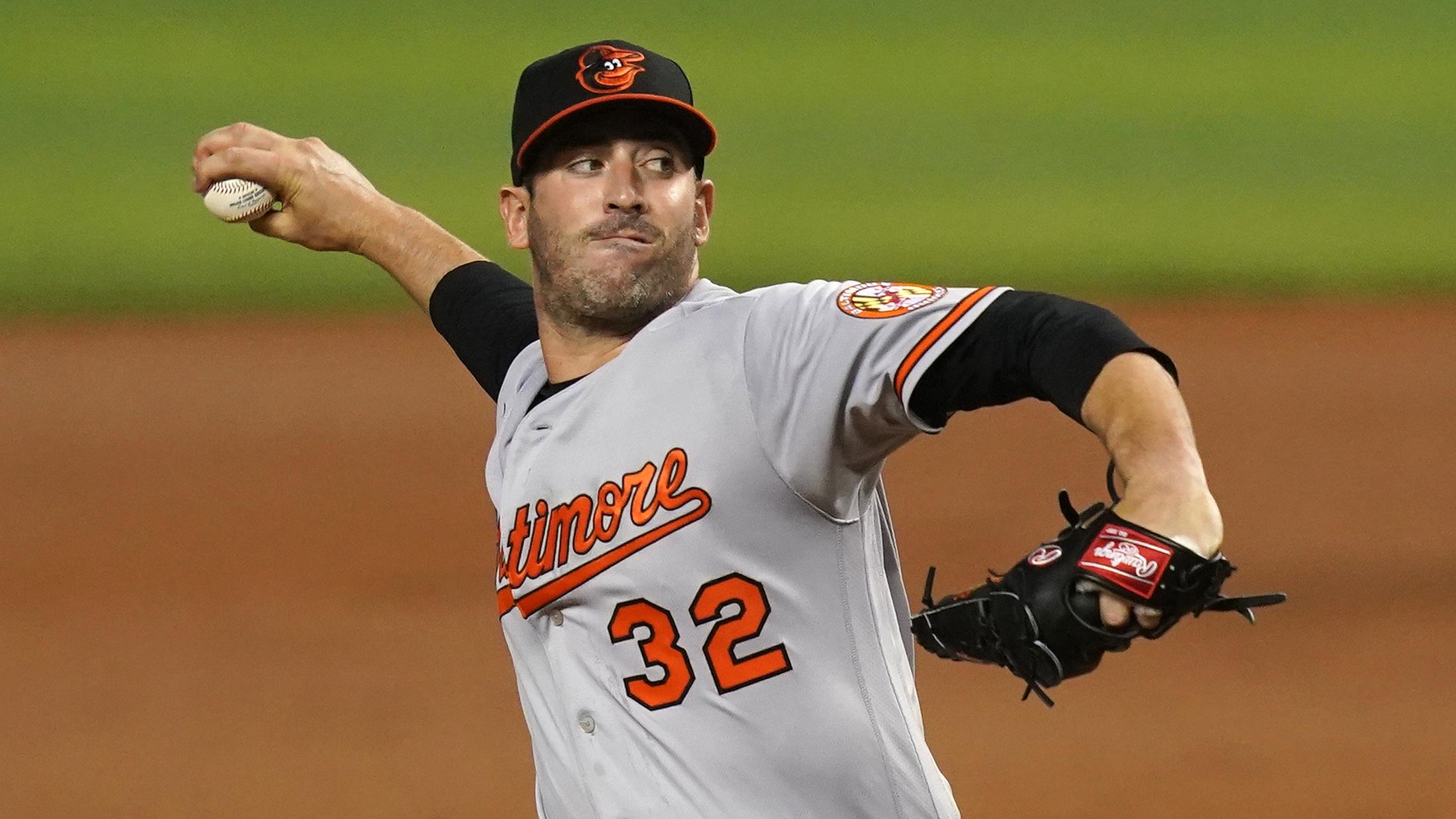 Apr 20, 2021; Miami, Florida, USA; Baltimore Orioles starting pitcher Matt Harvey (32) delivers a pitch in the 2nd inning against the Miami Marlins at loanDepot park. / Jasen Vinlove-USA TODAY Sports