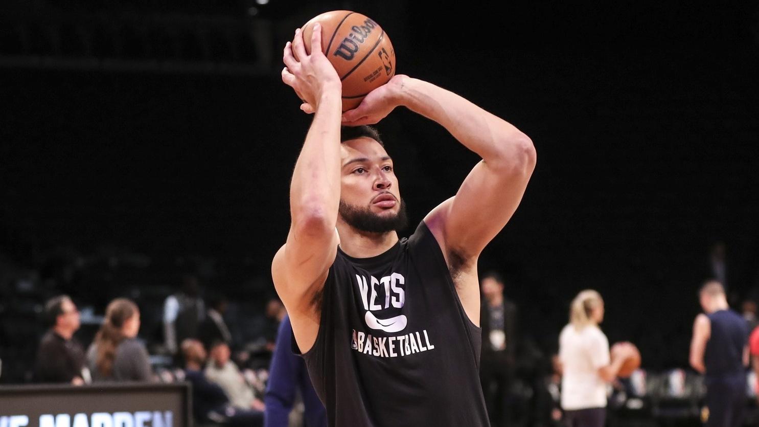Apr 10, 2022; Brooklyn, New York, USA; Brooklyn Nets guard Ben Simmons (10) takes warmups prior to the game against the Indiana Pacers at Barclays Center. / Wendell Cruz-USA TODAY Sports
