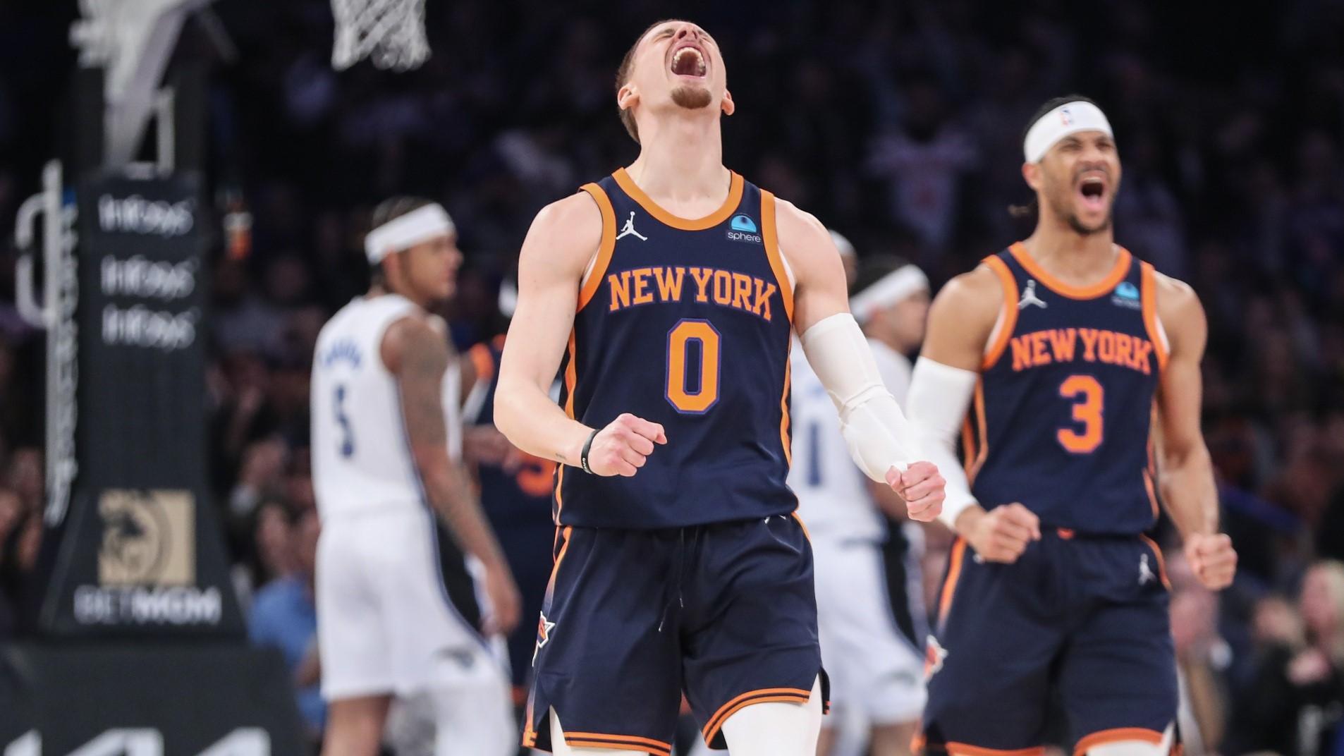 Mar 8, 2024; New York, New York, USA; New York Knicks guard Donte DiVincenzo (0) celebrates in the first quarter against the Orlando Magic at Madison Square Garden. / Wendell Cruz-USA TODAY Sports