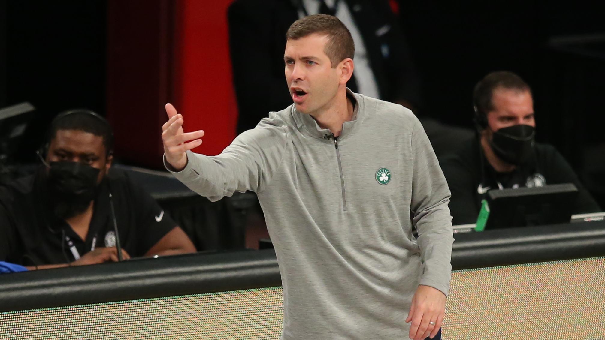 Boston Celtics head coach Brad Stevens coaches his team against the Brooklyn Nets during the second quarter of game five of the first round of the 2021 NBA Playoffs at Barclays Center. / Brad Penner-USA TODAY Sports