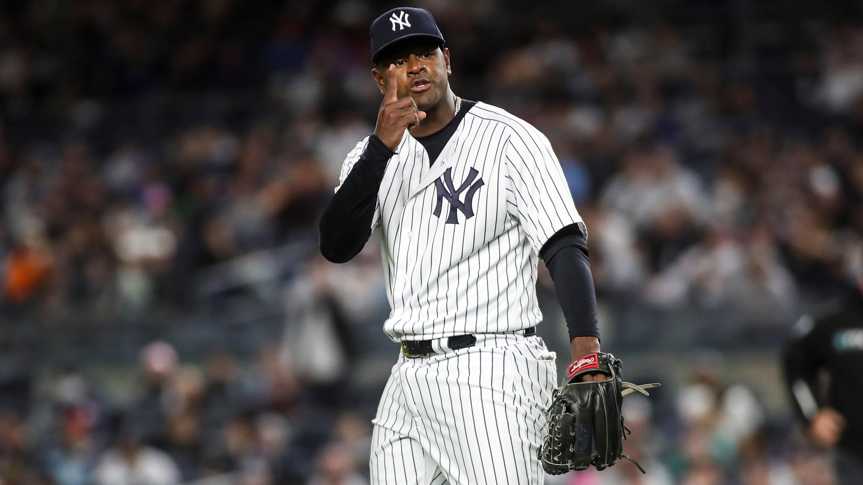 Apr 14, 2022; Bronx, New York, USA; New York Yankees starting pitcher Luis Severino (40) exchanges words with the Toronto Blue Jays dugout in the first inning at Yankee Stadium. Mandatory Credit: Wendell Cruz-USA TODAY Sports / © Wendell Cruz-USA TODAY Sports