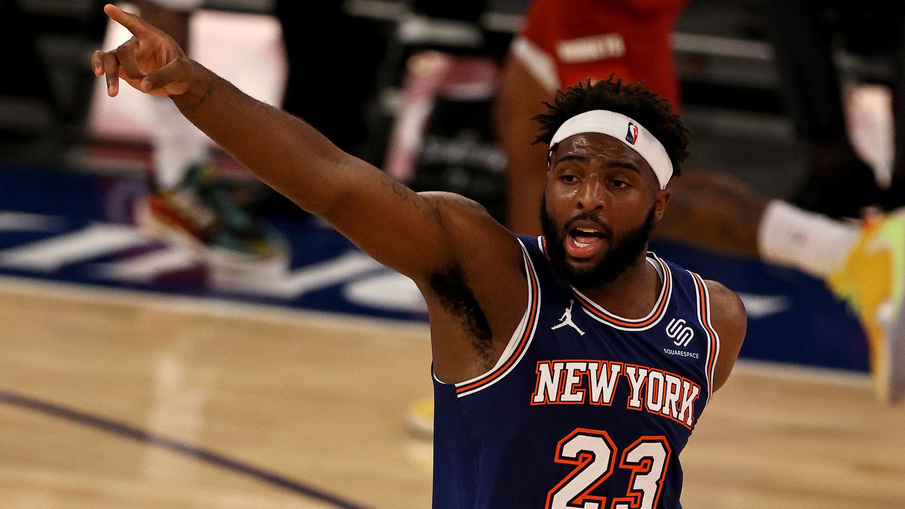 Jan 10, 2021; New York, New York, USA; Mitchell Robinson #23 of the New York Knicks celebrates his dunk in the second half against the Denver Nuggets at Madison Square Garden on January 10, 2021 in New York City. / Elsa/Pool Photo-USA TODAY Sports