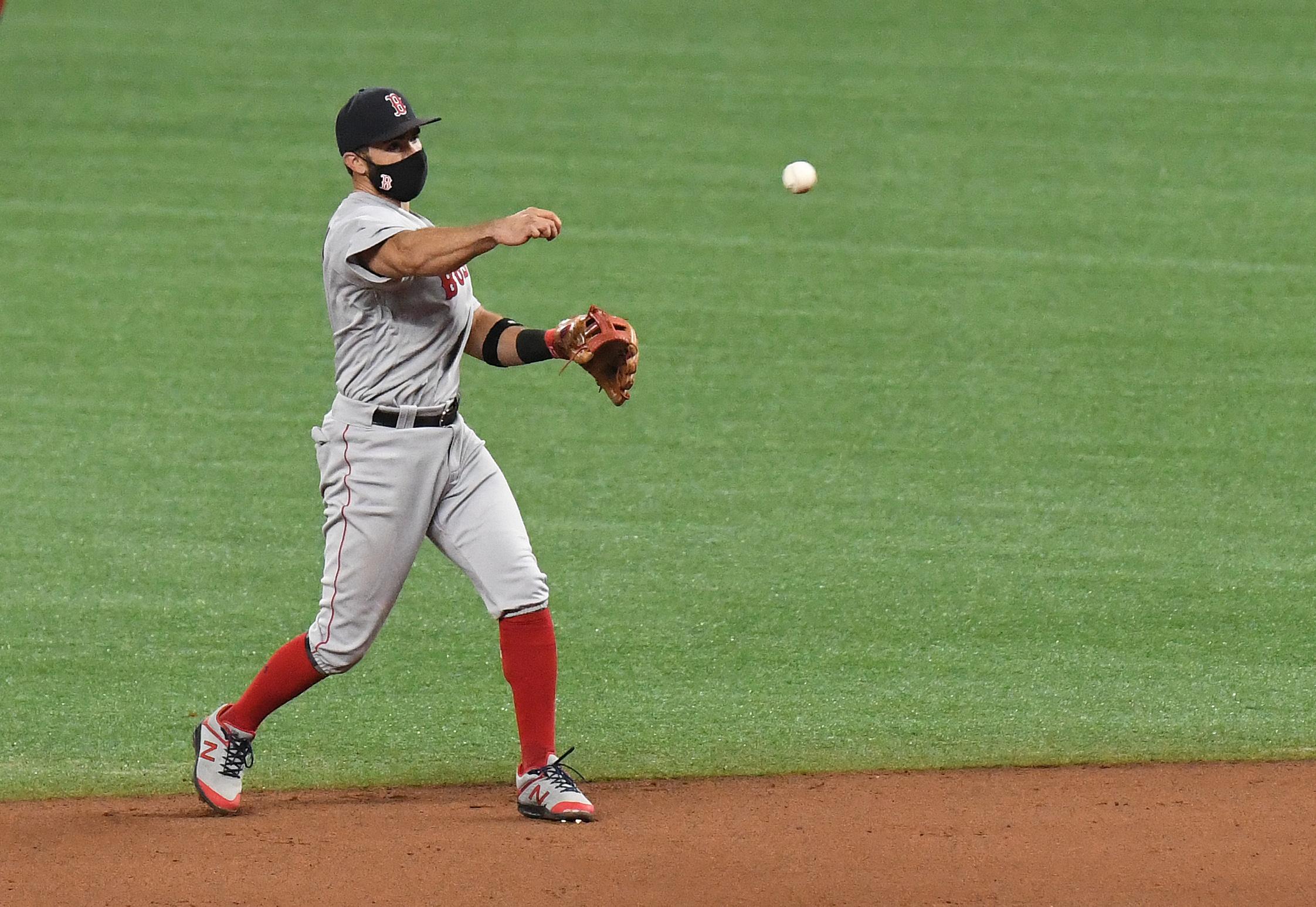 Boston Red Sox outfielder Jose Peraza (3) throws to first base in the eighth inning against the Tampa Bay Rays at Tropicana Field. / Jonathan Dyer - USA TODAY Sports