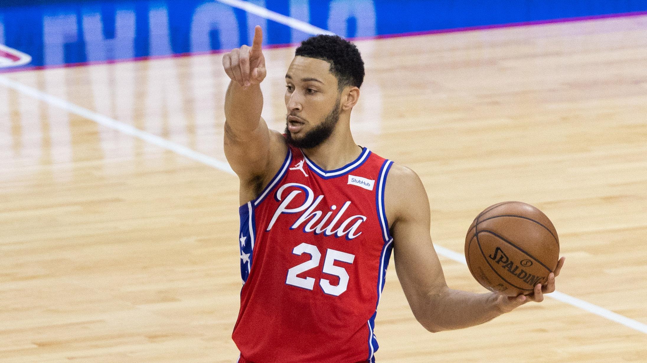 Jun 6, 2021; Philadelphia, Pennsylvania, USA; Philadelphia 76ers guard Ben Simmons (25) brings the ball up court against the Atlanta Hawks during the first quarter of game one in the second round of the 2021 NBA Playoffs at Wells Fargo Center. / Bill Streicher-USA TODAY Sports