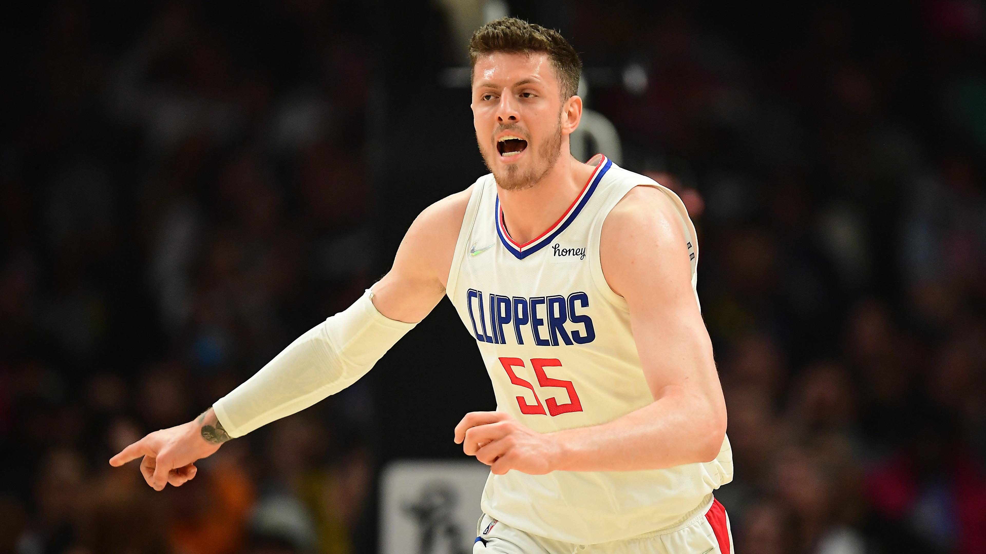 Apr 3, 2022; Los Angeles, California, USA; Los Angeles Clippers center Isaiah Hartenstein (55) reacts after dunks against the New Orleans Pelicans during the first half at Crypto.com Arena. / Gary A. Vasquez-USA TODAY Sports