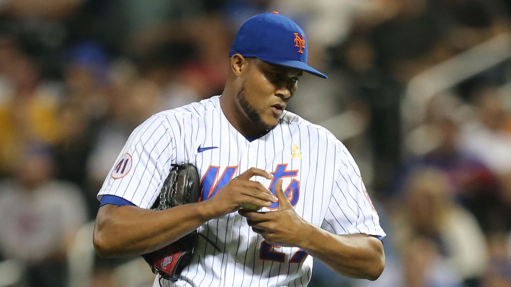 Sep 14, 2021; New York City, New York, USA; New York Mets relief pitcher Jeurys Familia (27) reacts during the eighth inning against the St. Louis Cardinals at Citi Field. / Brad Penner-USA TODAY Sports