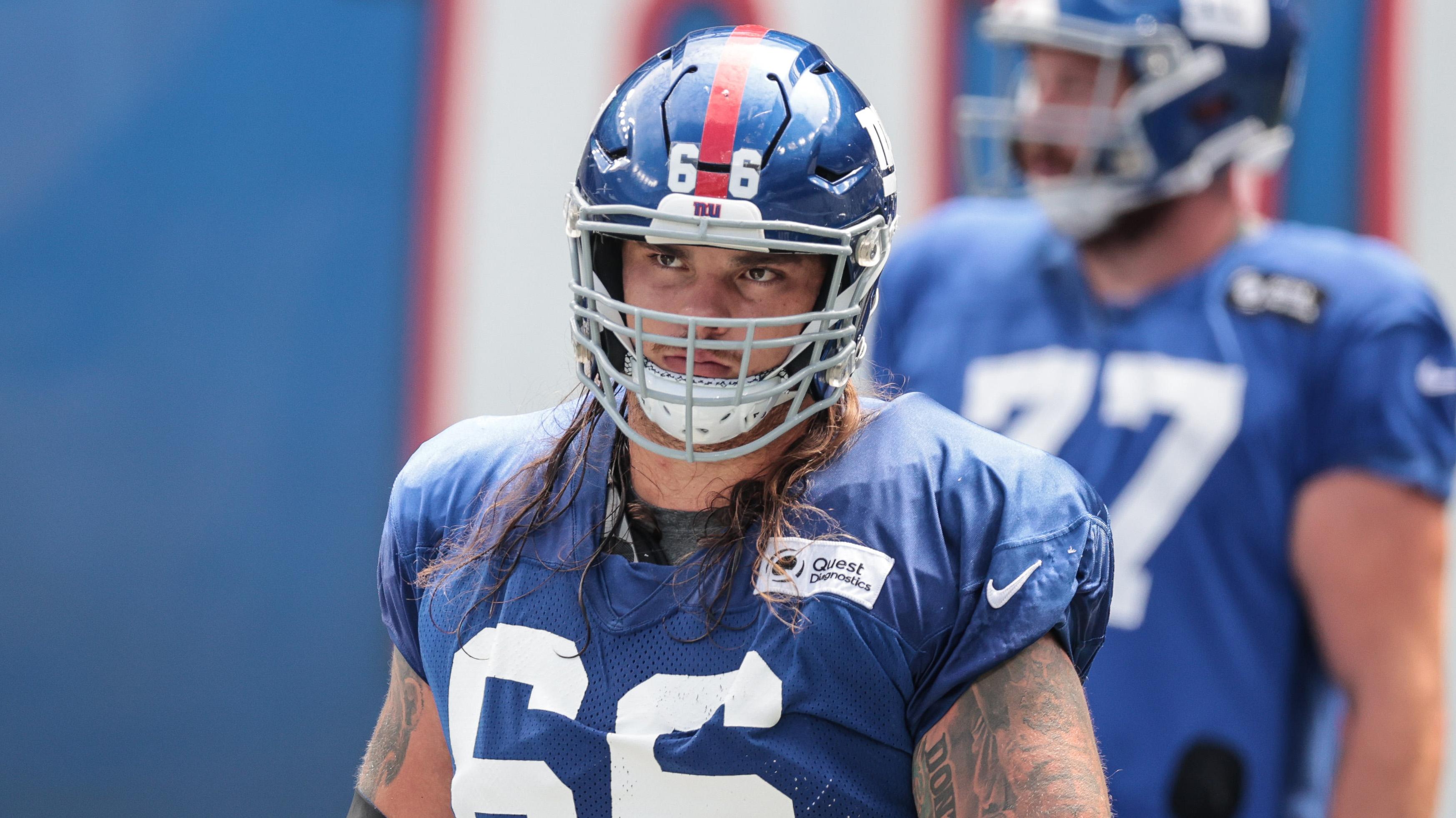 Sep 3, 2020; East Rutherford, New Jersey, USA; New York Giants guard Shane Lemieux (66) during the Blue-White Scrimmage at MetLife Stadium. / Vincent Carchietta-USA TODAY Sports