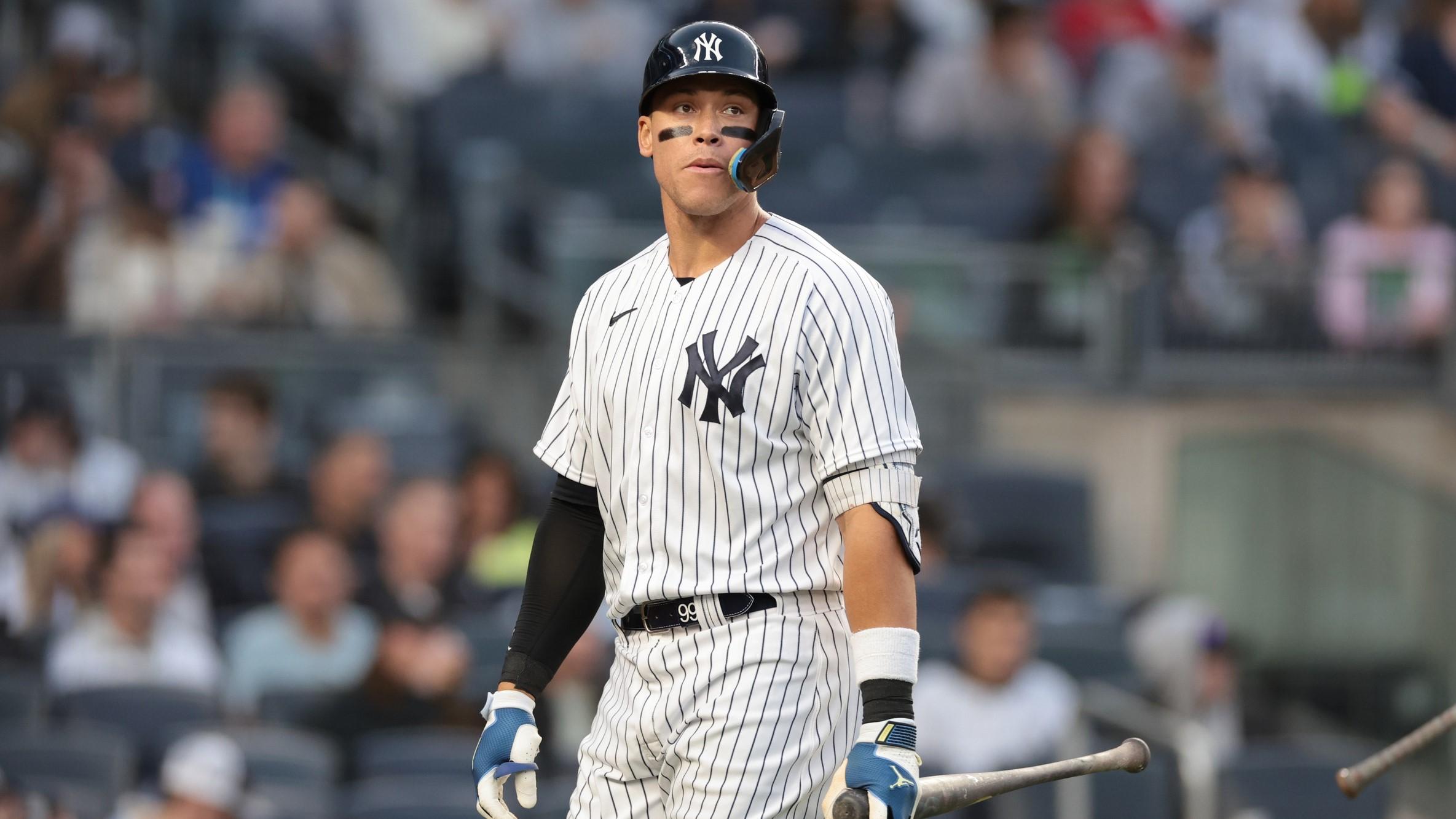 Apr 21, 2023; Bronx, New York, USA; New York Yankees center fielder Aaron Judge (99) reacts after striking out during the first inning against the Toronto Blue Jays at Yankee Stadium. / Vincent Carchietta-USA TODAY Sports