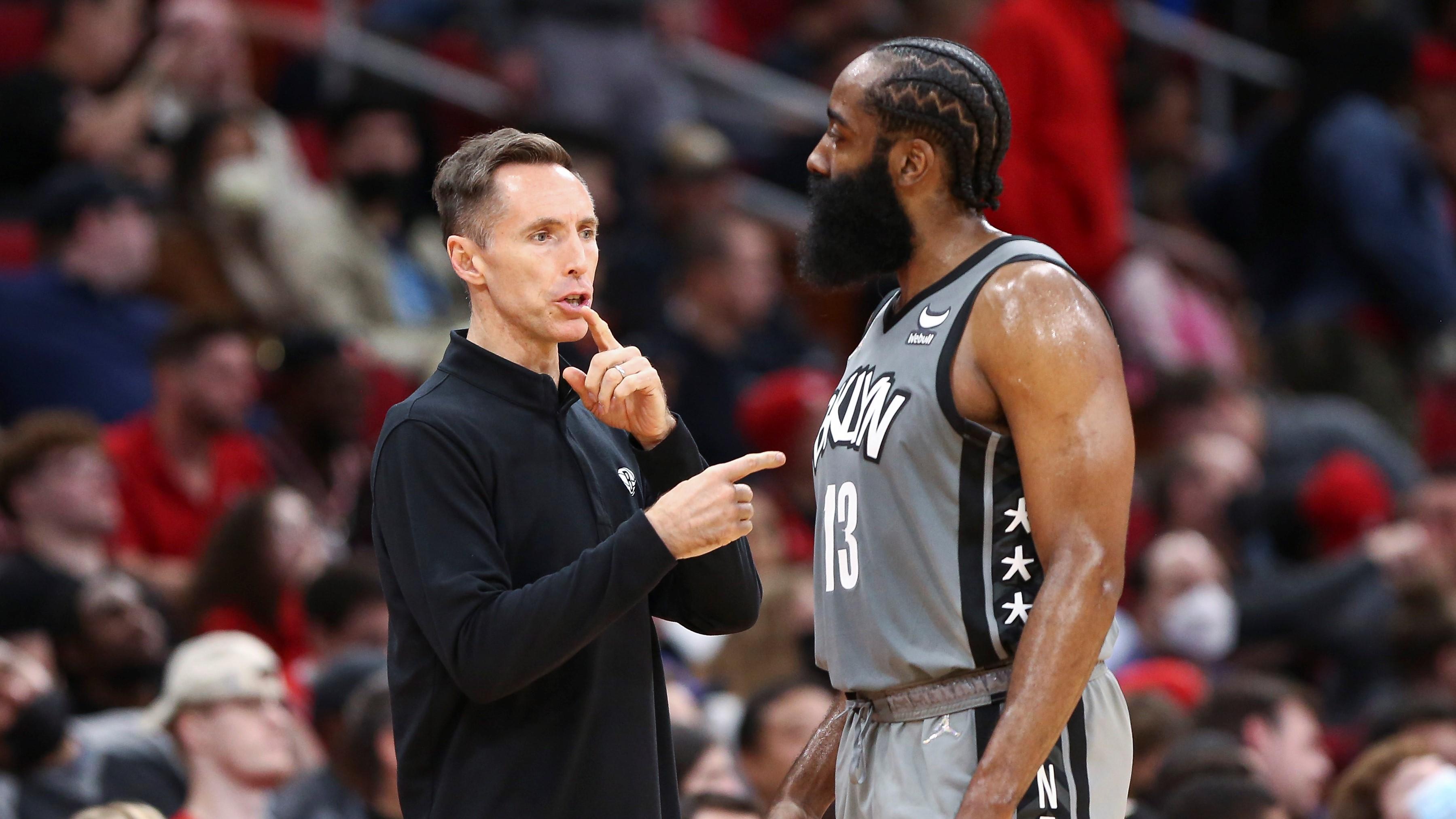 Dec 8, 2021; Houston, Texas, USA; Brooklyn Nets head coach Steve Nash talks with guard James Harden (13) during the first half against the Houston Rockets at Toyota Center. / Troy Taormina-USA TODAY Sports