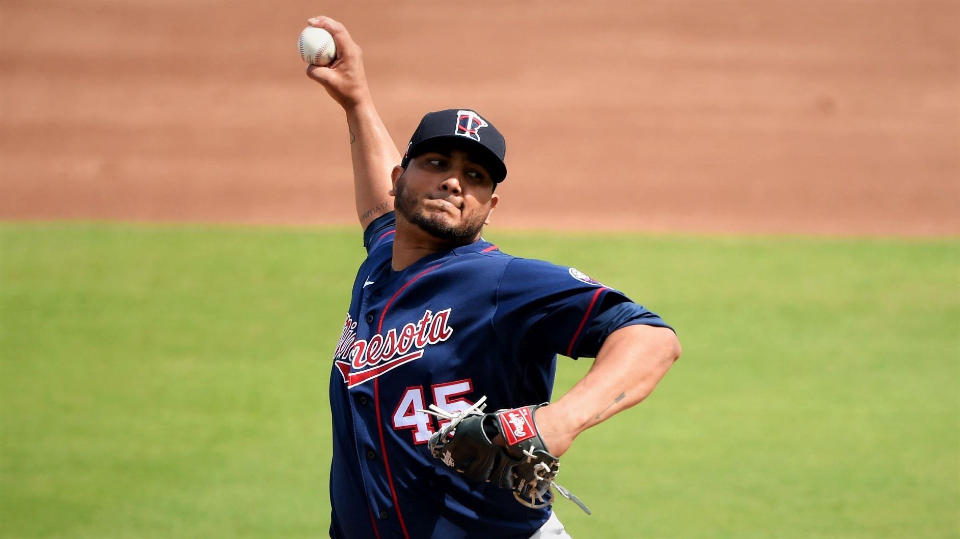 Feb 25, 2020; North Port, Florida, USA; Minnesota Twins starting pitcher Jhoulys Chacin (45) pitching against the Atlanta Braves during the first inning at CoolToday Park. Mandatory Credit: John David Mercer-USA TODAY Sports / John David Mercer-USA TODAY Sports