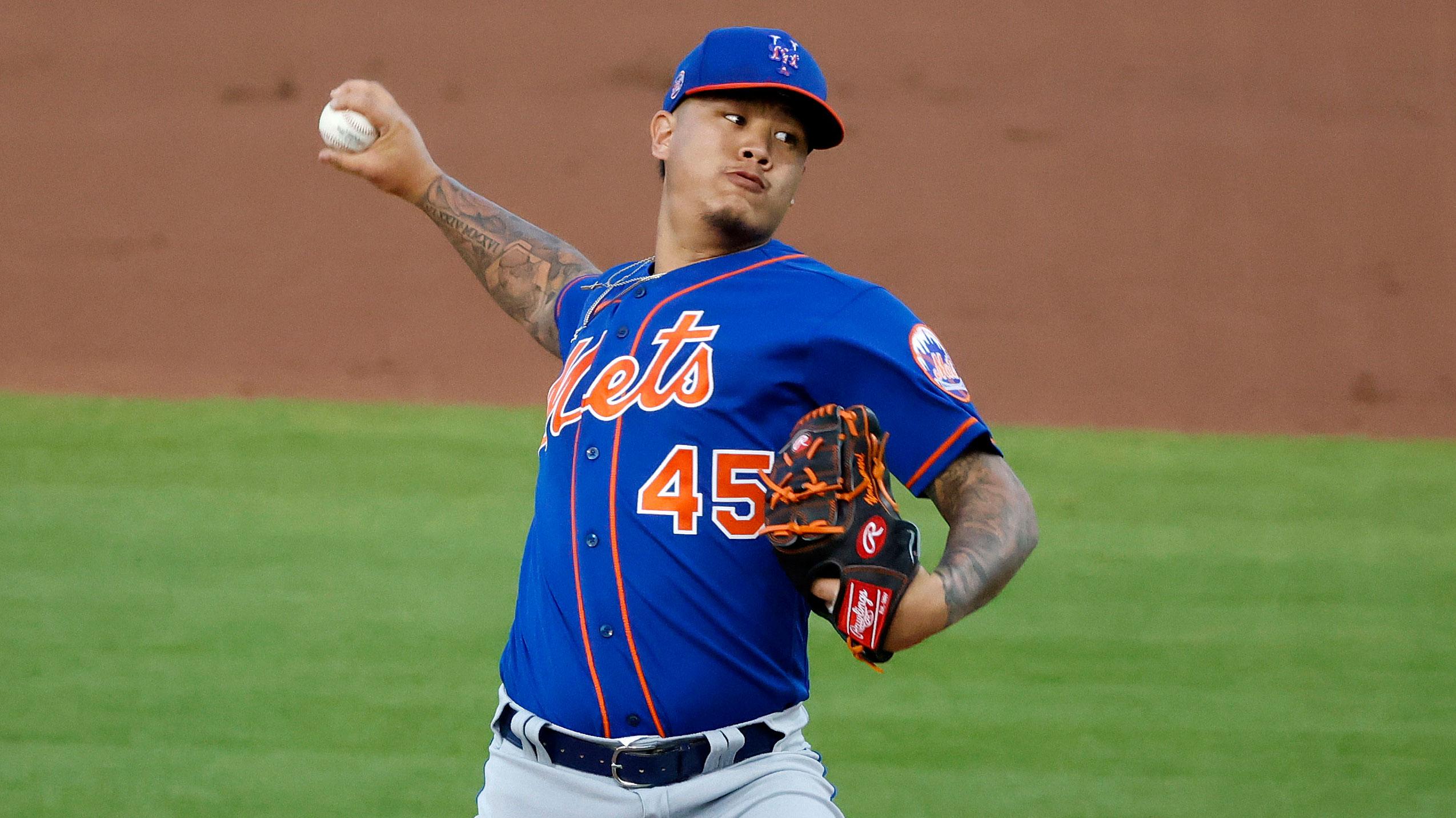 Mar 13, 2021; West Palm Beach, Florida, USA; New York Mets pitcher Jordan Yamamoto (45) throws against the Washington Nationals during the first inning of a spring training game at FITTEAM Ballpark of the Palm Beaches. / Rhona Wise-USA TODAY Sports