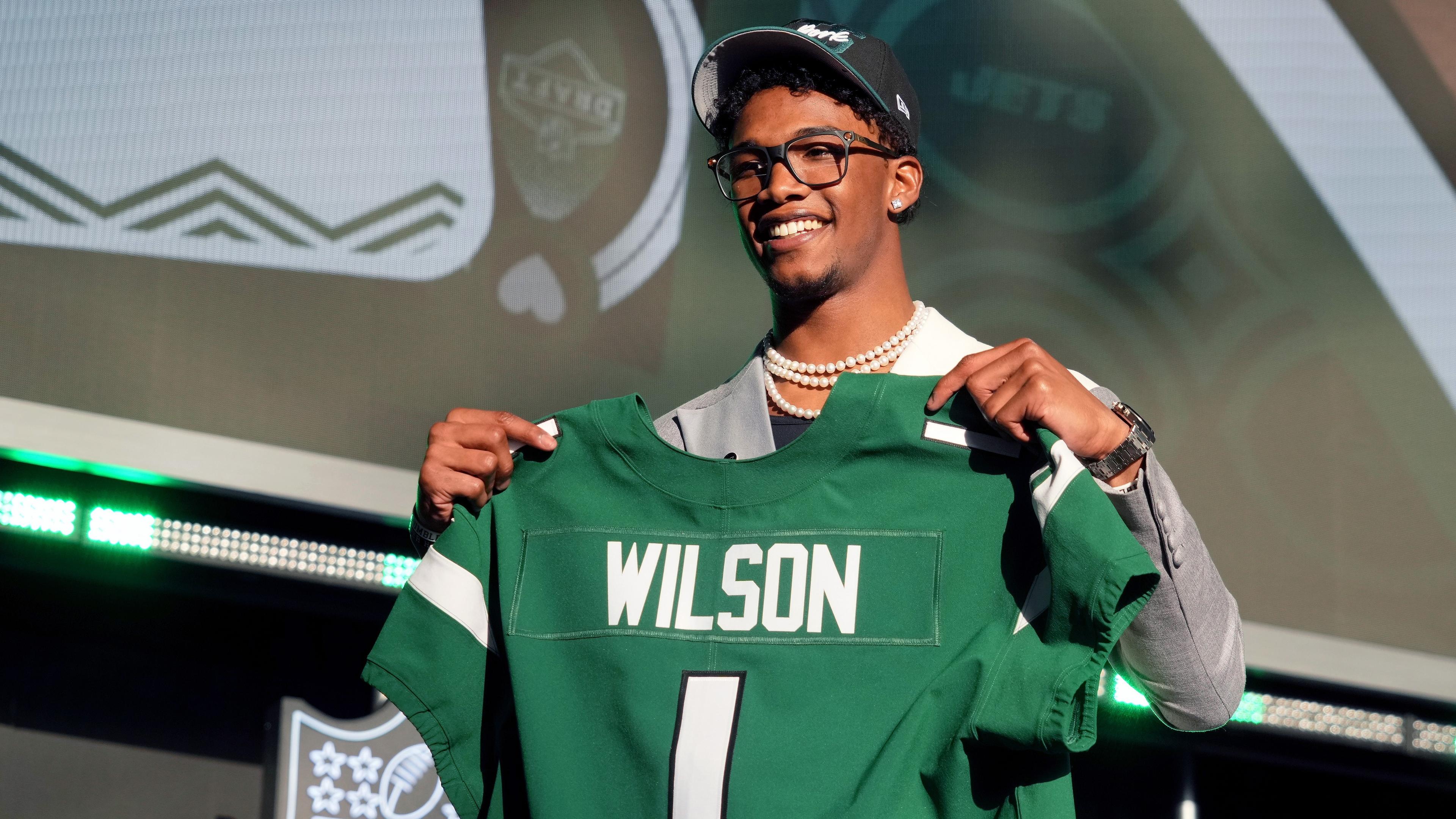 Apr 28, 2022; Las Vegas, NV, USA; Ohio State wide receiver Garrett Wilson after being selected as the tenth overall pick to the New York Jets during the first round of the 2022 NFL Draft at the NFL Draft Theater. Mandatory Credit: Kirby Lee-USA TODAY Sports / Kirby Lee-USA TODAY Sports