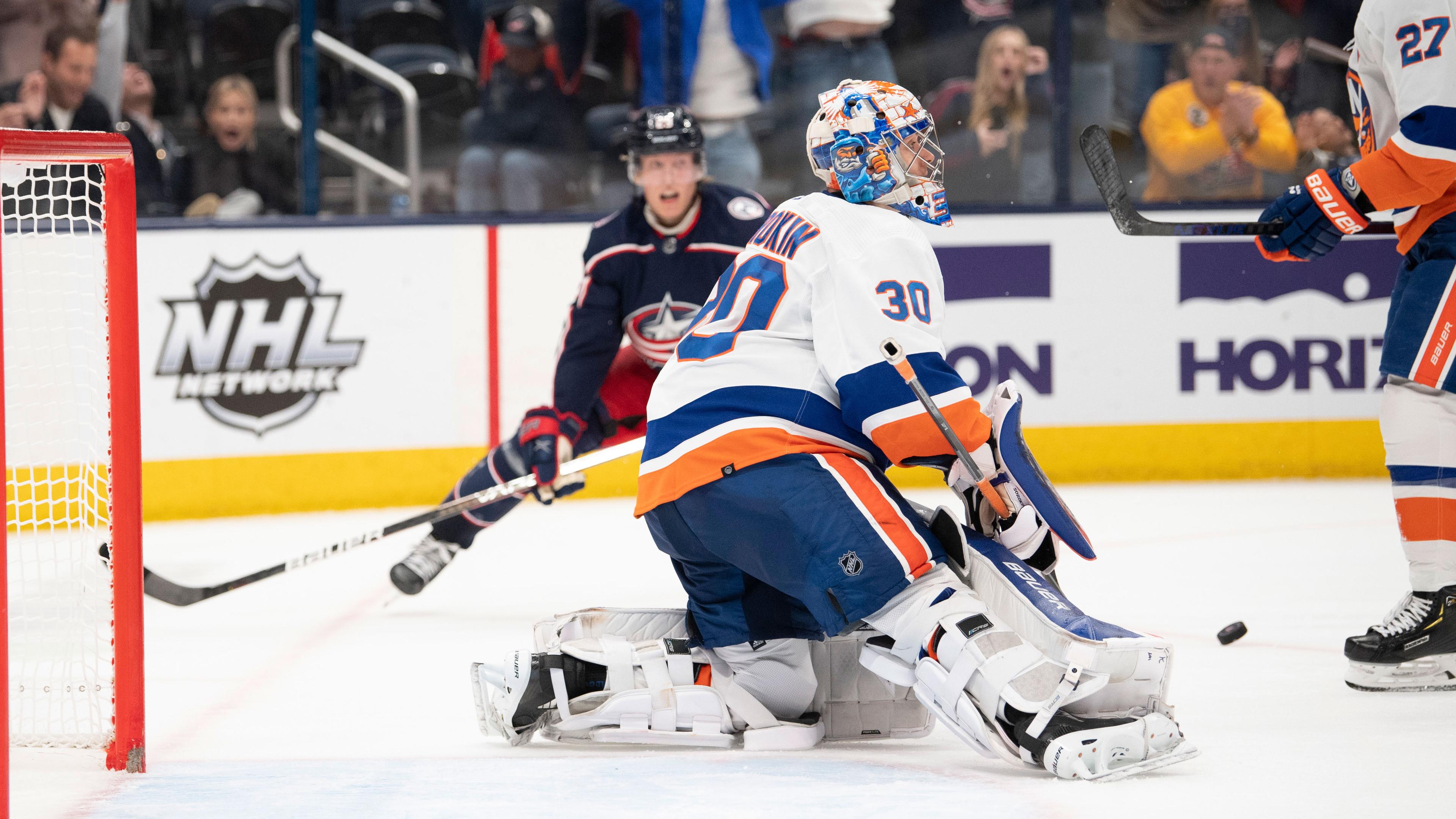 Oct 21, 2021; Columbus, Ohio, USA; New York Islanders goaltender Ilya Sorokin (30) reacts after Columbus Blue Jackets right wing Patrik Laine (29) scores the game winning goal in overtime at Nationwide Arena. / Gaelen Morse-USA TODAY Sports