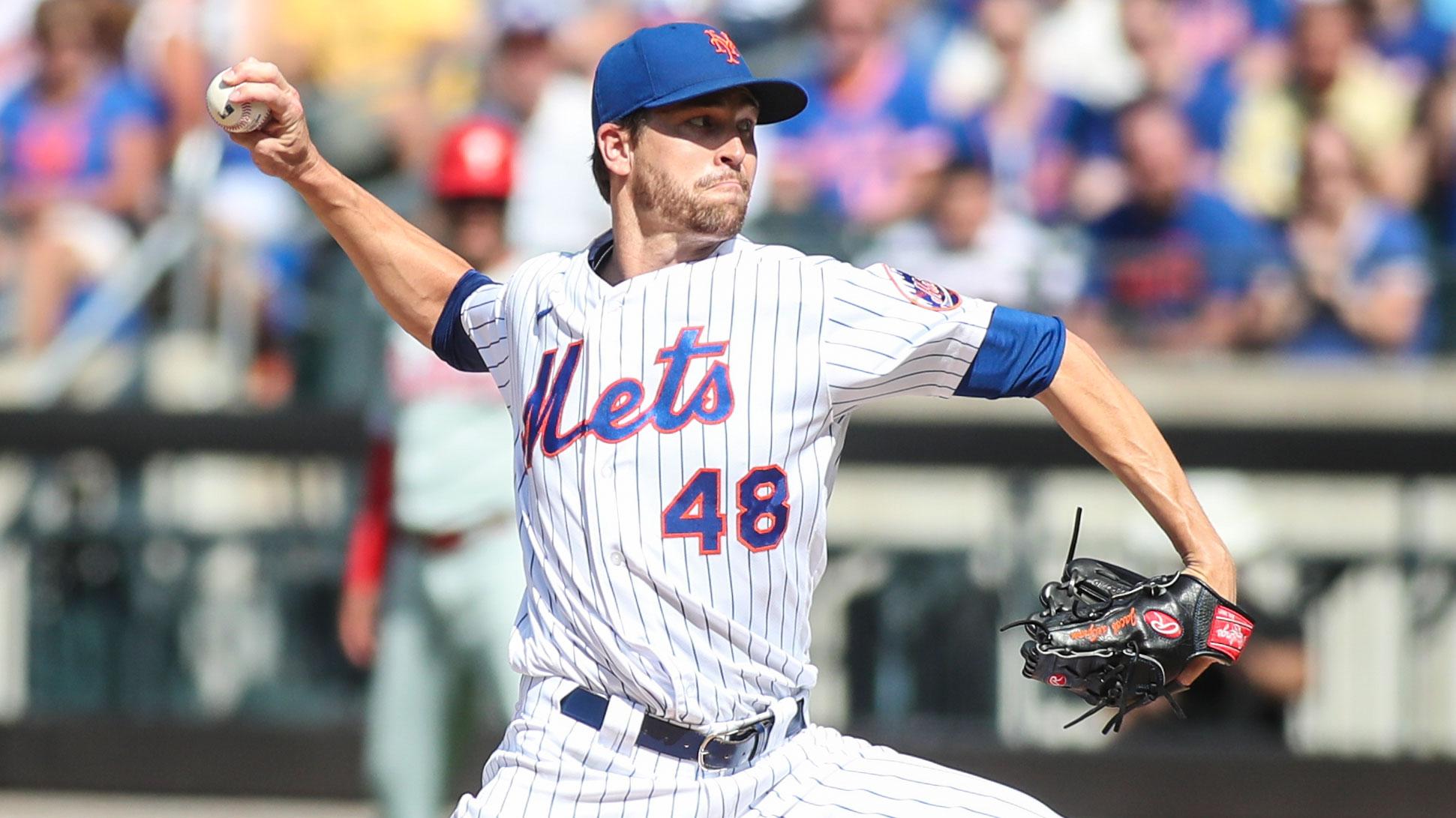 Jun 26, 2021; New York City, New York, USA; New York Mets pitcher Jacob deGrom (48) pitches in the first inning against the Philadelphia Phillies at Citi Field. / Wendell Cruz-USA TODAY Sports