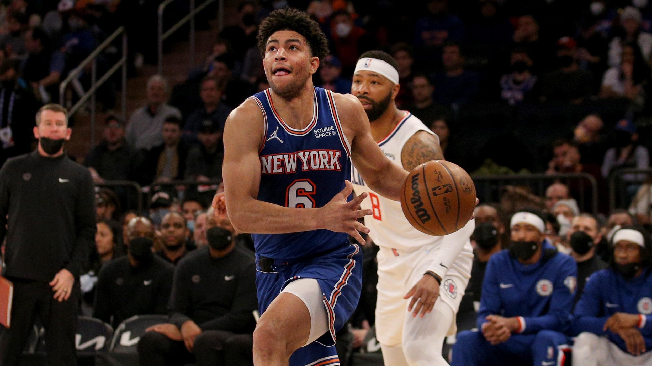 Jan 23, 2022; New York, New York, USA; New York Knicks guard Quentin Grimes (6) drives to the basket against Los Angeles Clippers forward Marcus Morris Sr. (8) during the second quarter at Madison Square Garden. Mandatory Credit: Brad Penner-USA TODAY Sports / © Brad Penner-USA TODAY Sports