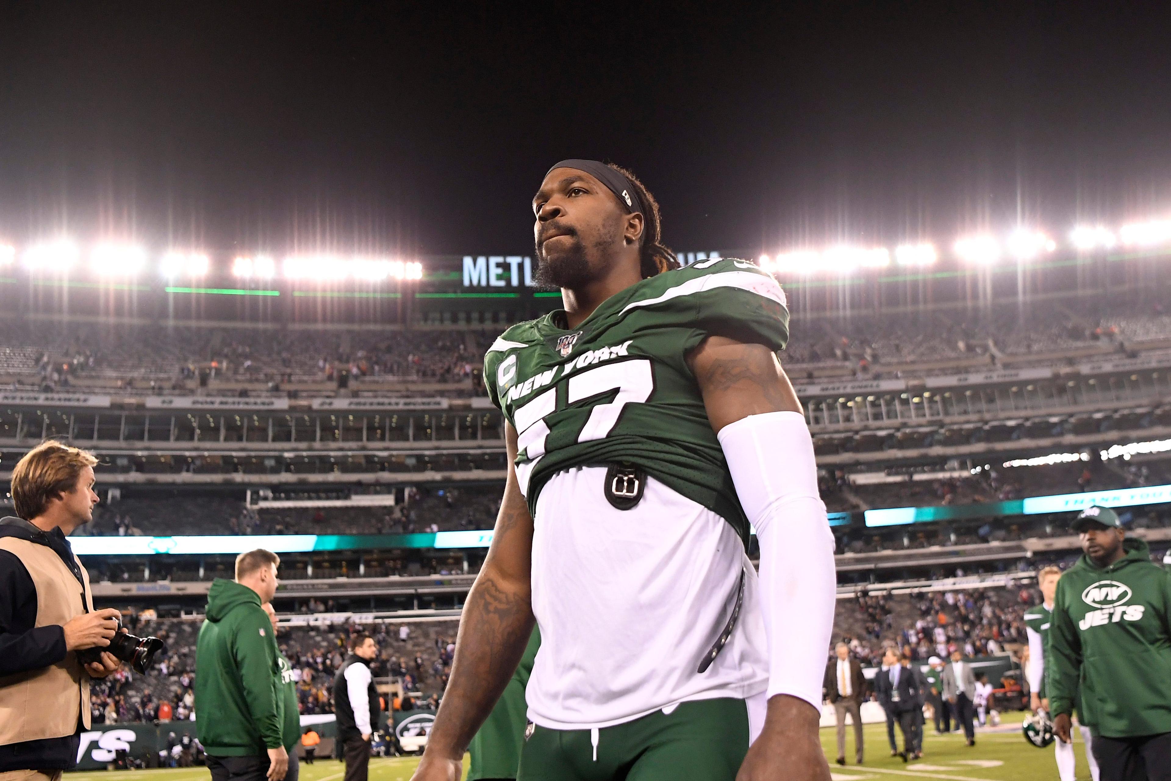 New York Jets linebacker C.J. Mosley (57) walks off the field after a disappointing return. The New England Patriots shut out the New York Jets, 33-0, at MetLife Stadium on Monday, Oct. 21, 2019, / Danielle Parhizkaran/NorthJersey.com-Imagn Content Services, LLC