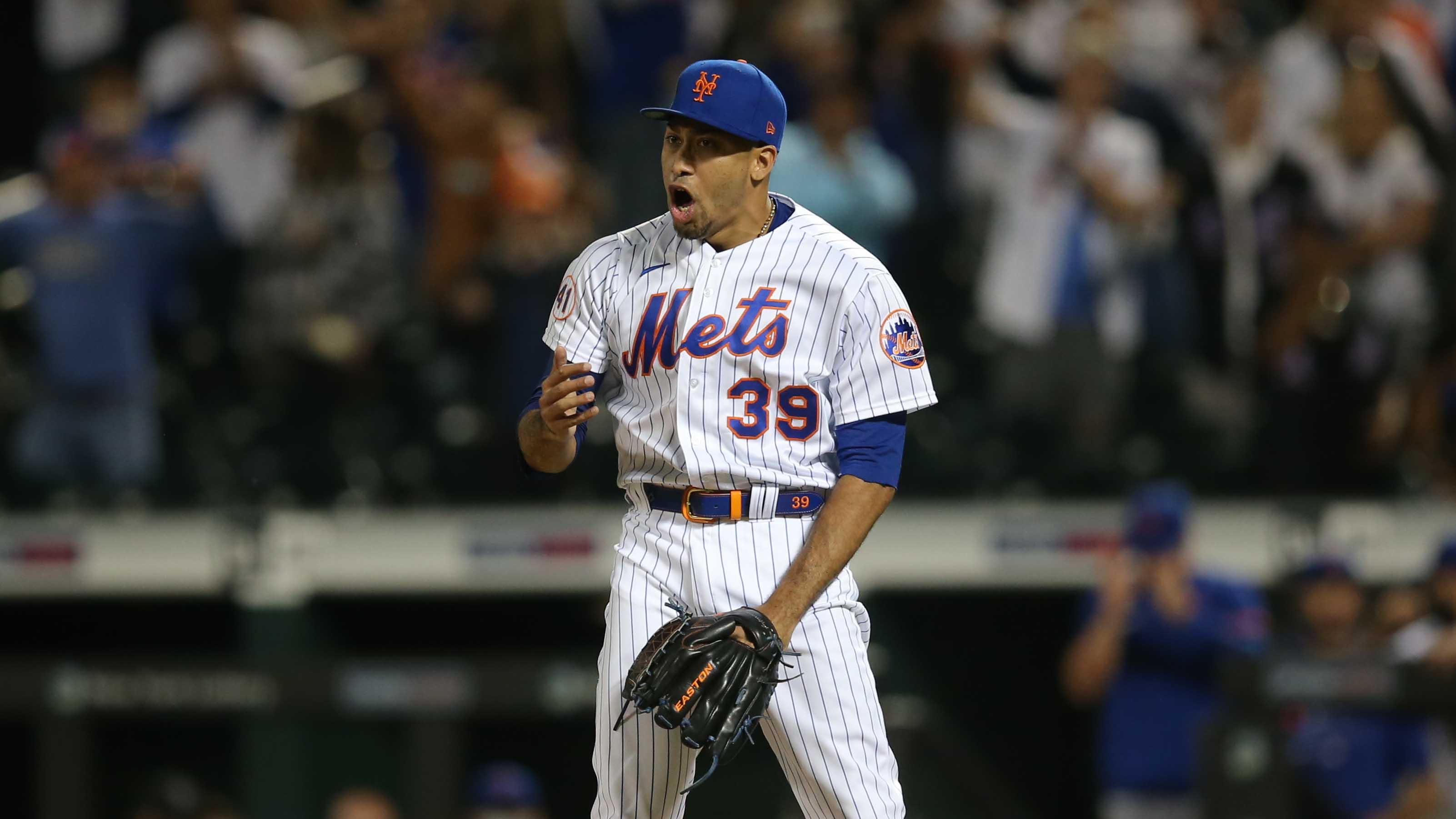 Jun 14, 2021; New York City, New York, USA; New York Mets relief pitcher Edwin Diaz (39) reacts after defeating the Chicago Cubs at Citi Field. / Brad Penner-USA TODAY Sports