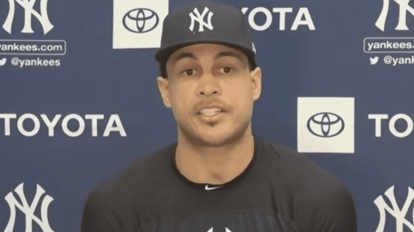 Giancarlo Stanton speaks with reporters during his first media availability of 2021. / New York Yankees