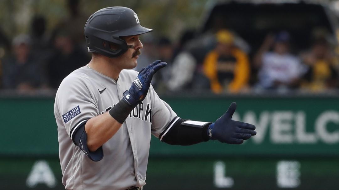 Sep 17, 2023; Pittsburgh, Pennsylvania, USA; New York Yankees catcher Austin Wells (88) reacts at second base after hitting a double against the Pittsburgh Pirates during the ninth inning at PNC Park. / Charles LeClaire-USA TODAY Sports