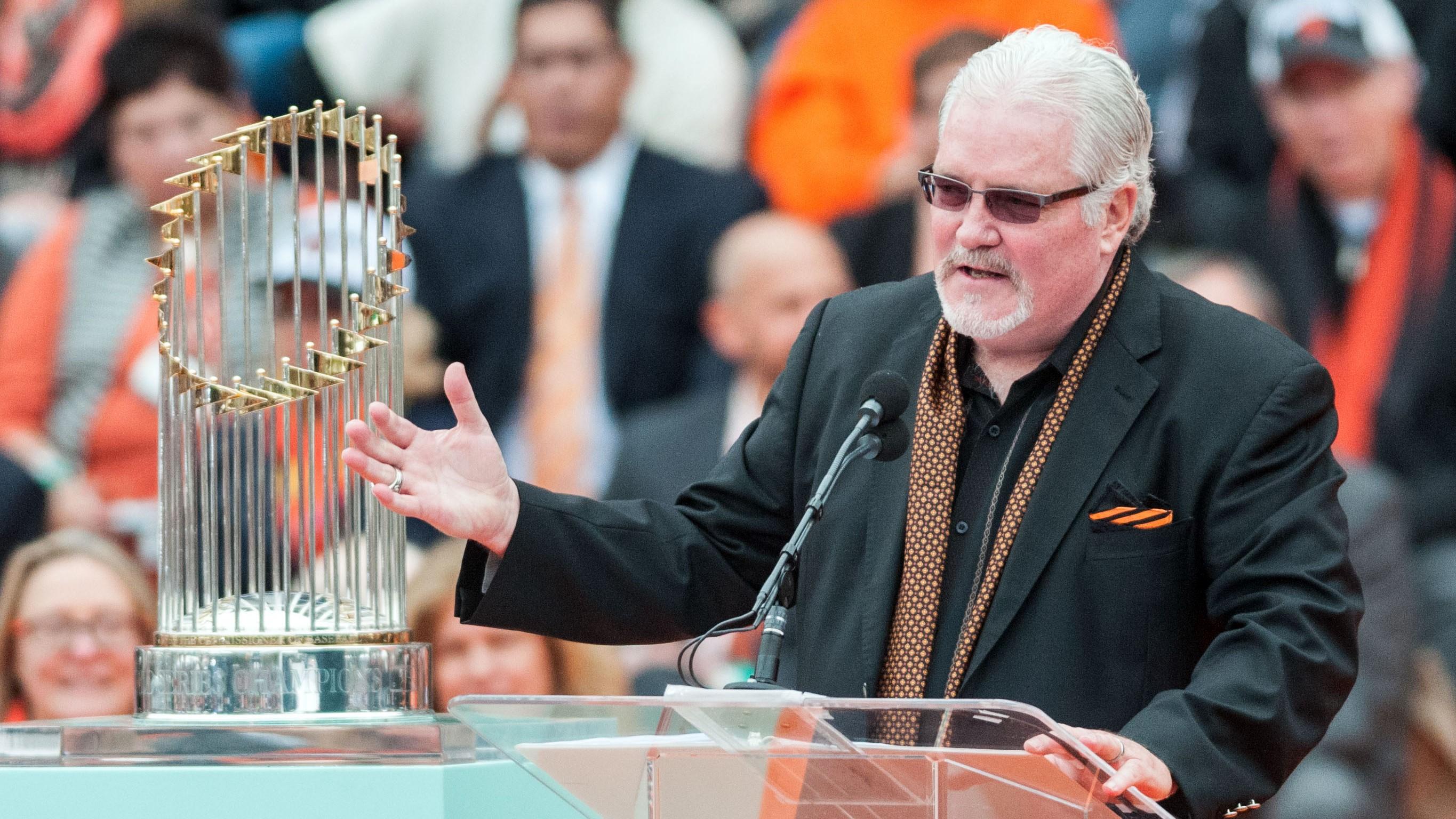 Oct 31, 2014; San Francisco, CA, USA; San Francisco Giants general manager Brian Sabean speaks to the crowd during the World Series celebration at City Hall. The San Francisco Giants defeated the Kansas City Royals in game seven of the World Series. Mandatory Credit: Ed Szczepanski-USA TODAY Sports / Ed Szczepanski-USA TODAY Sports