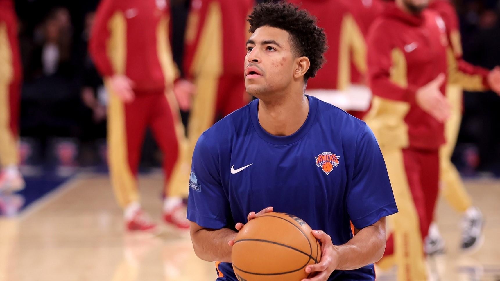 Nov 1, 2023; New York, New York, USA; New York Knicks guard Quentin Grimes (6) warms up before a game against the Cleveland Cavaliers at Madison Square Garden. / Brad Penner-USA TODAY Sports