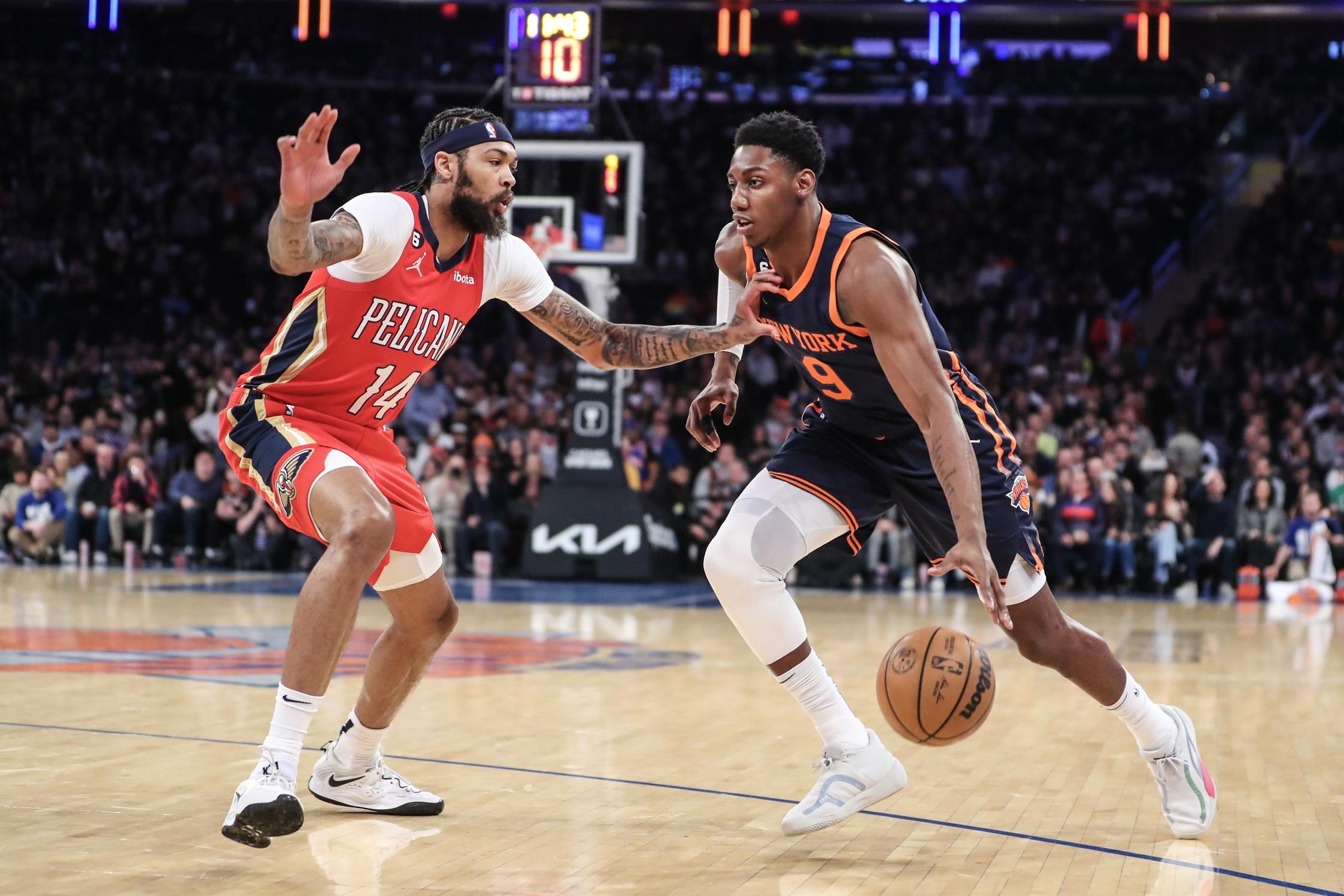 New York Knicks guard RJ Barrett (9) looks to drive past New Orleans Pelicans forward Brandon Ingram (14) in the first quarter at Madison Square Garden. / Wendell Cruz-USA TODAY Sports