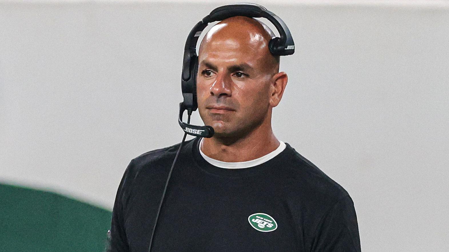 Aug 27, 2021; East Rutherford, New Jersey, USA; New York Jets head coach Robert Saleh looks on against the Philadelphia Eagles during the first half at MetLife Stadium. / Vincent Carchietta-USA TODAY Sports
