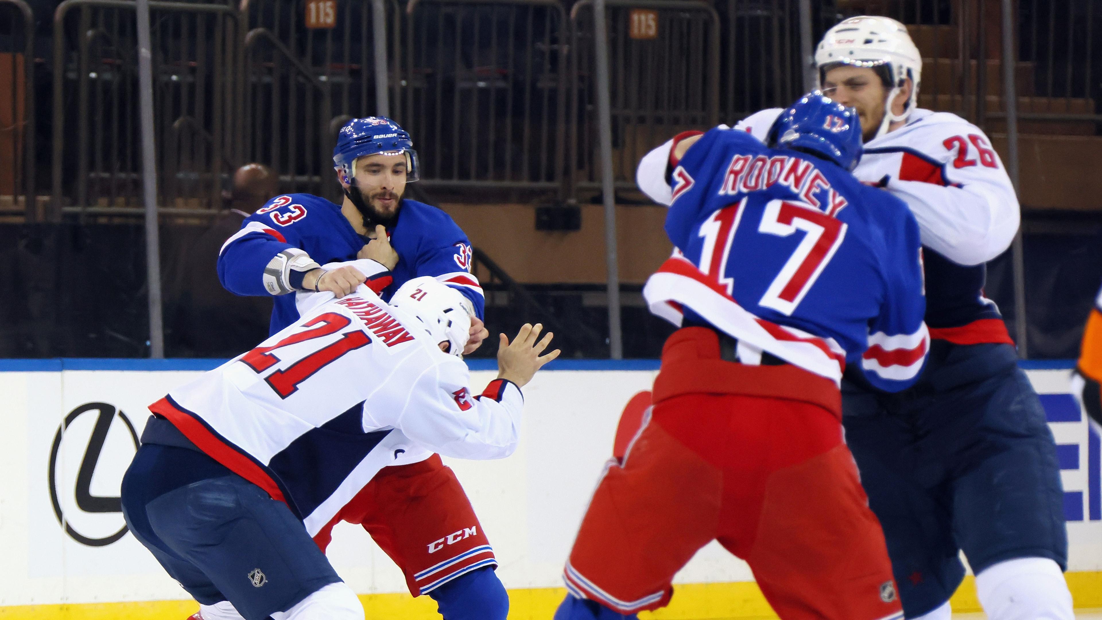 May 5, 2021; New York, New York, USA; The game between the Washington Capitals and the New York Rangers starts with a line brawl one second into play at Madison Square Garden. / Bruce Bennett/POOL PHOTOS-USA TODAY Sports