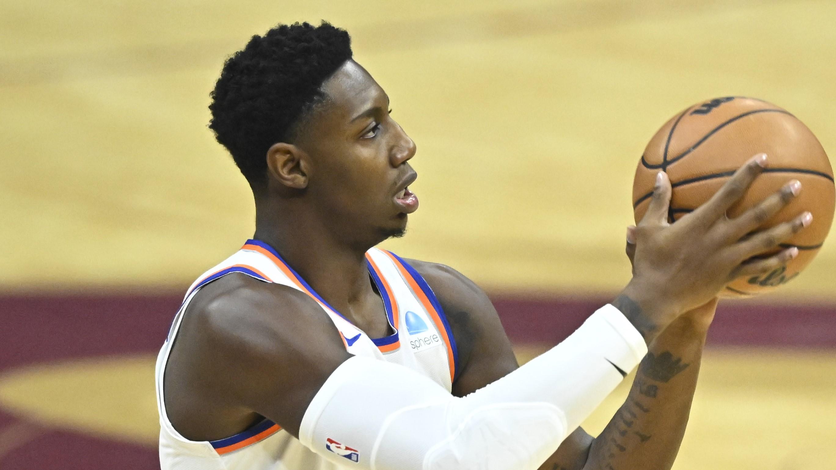 Oct 31, 2023; Cleveland, Ohio, USA; New York Knicks guard RJ Barrett (9) looks to shoot in the first quarter against the Cleveland Cavaliers at Rocket Mortgage FieldHouse. Mandatory Credit: David Richard-USA TODAY Sports / © David Richard-USA TODAY Sports