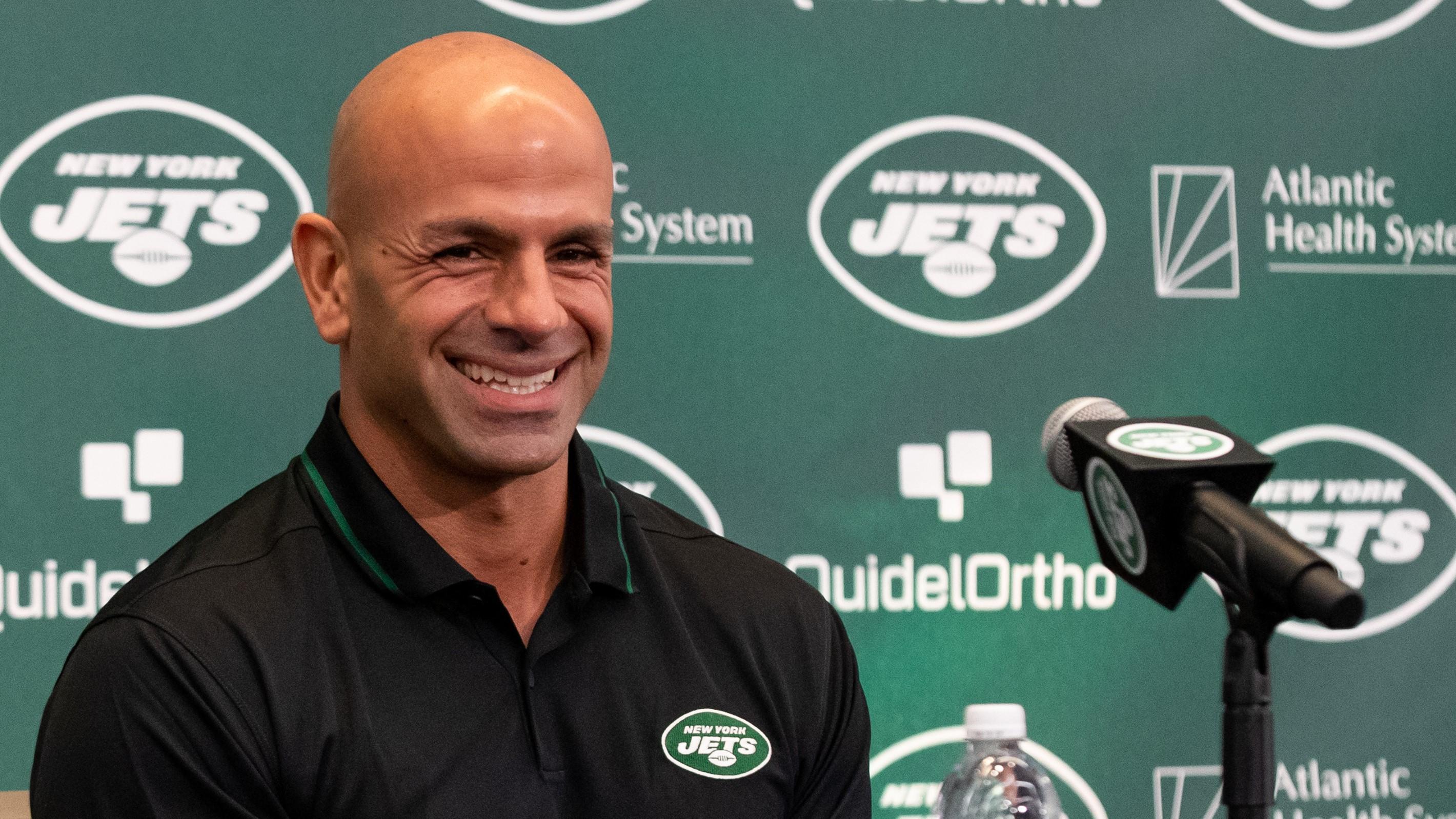 Apr 26, 2023; Florham Park, NJ, USA; New York Jets head coach Robert Saleh smiles during the introductory press conference for New York Jets quarterback Aaron Rodgers (not pictured) at Atlantic Health Jets Training Center. / Tom Horak-USA TODAY Sports