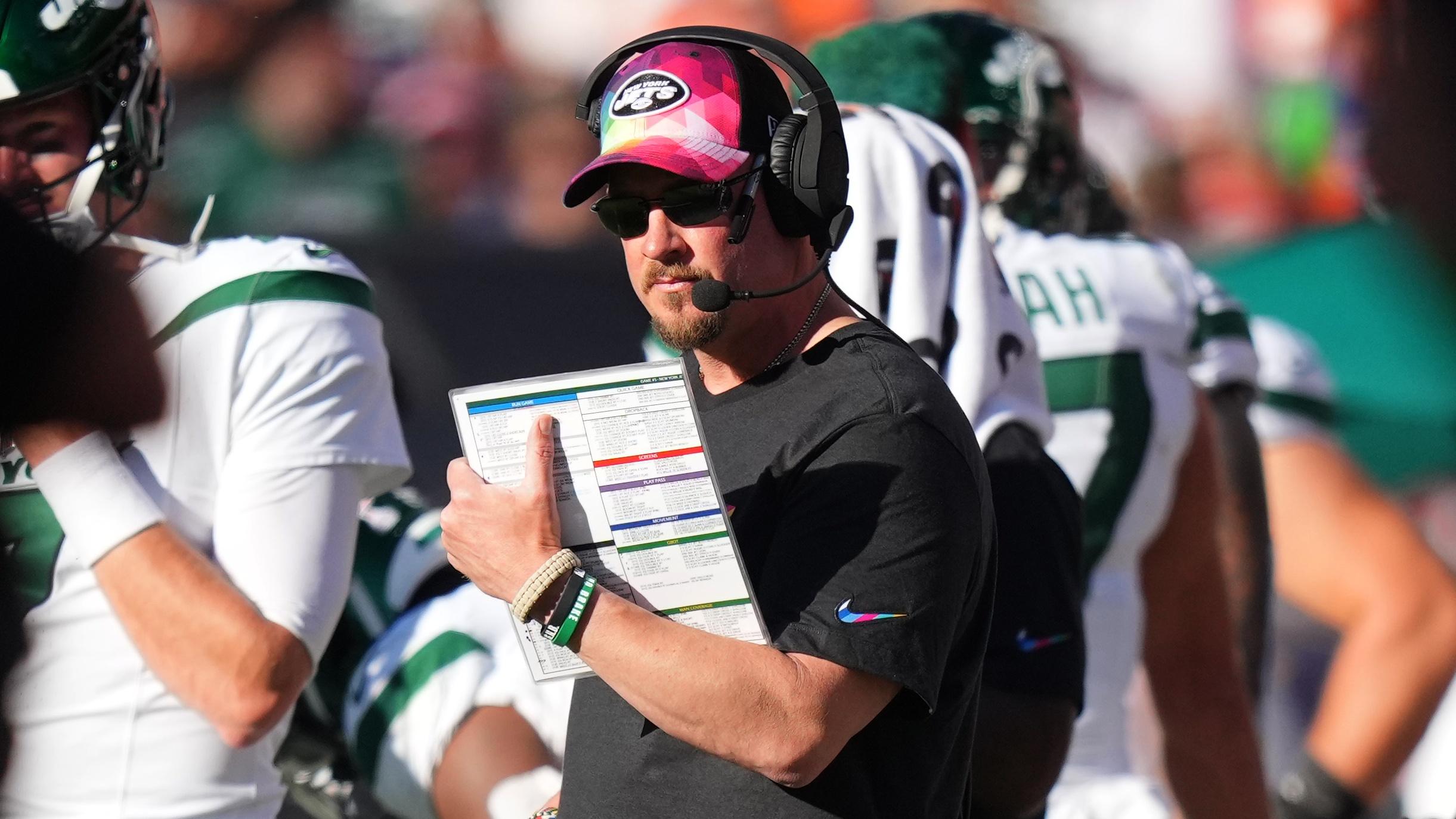 Oct 8, 2023; Denver, Colorado, USA; New York Jets offensive coordinator Nathaniel Hackett looks on during the second half against the Denver Broncos at Empower Field at Mile High. Mandatory Credit: Ron Chenoy-USA TODAY Sports / © Ron Chenoy-USA TODAY Sports