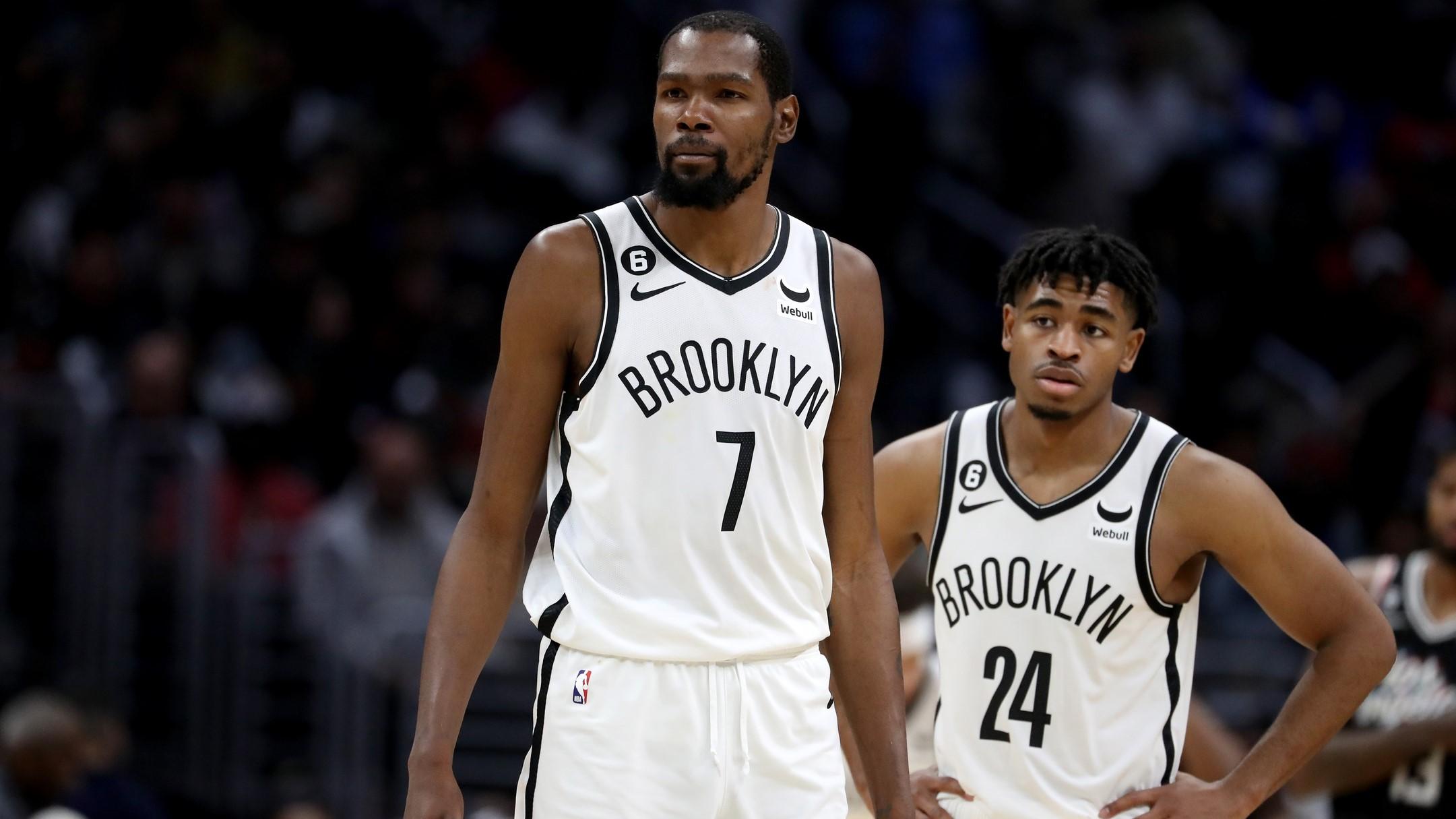 Nov 12, 2022; Los Angeles, California, USA; Brooklyn Nets forward Kevin Durant (7) and guard Cam Thomas (24) during the second half against the Los Angeles Clippers at Crypto.com Arena. / Kiyoshi Mio-USA TODAY Sports