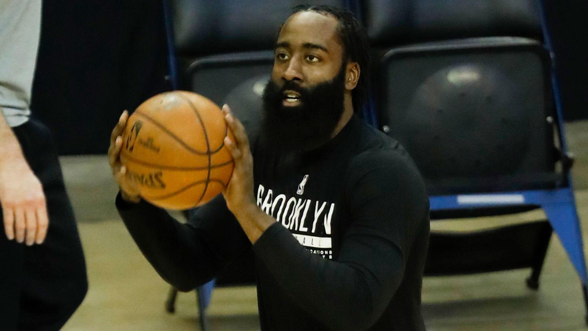 Mar 3, 2021; Houston, Texas, USA; James Harden #13 of the Brooklyn Nets warms up prior to playing the Houston Rockets at Toyota Center on March 03, 2021 in Houston, Texas. / Bob Levey-POOL PHOTOS-USA TODAY Sports